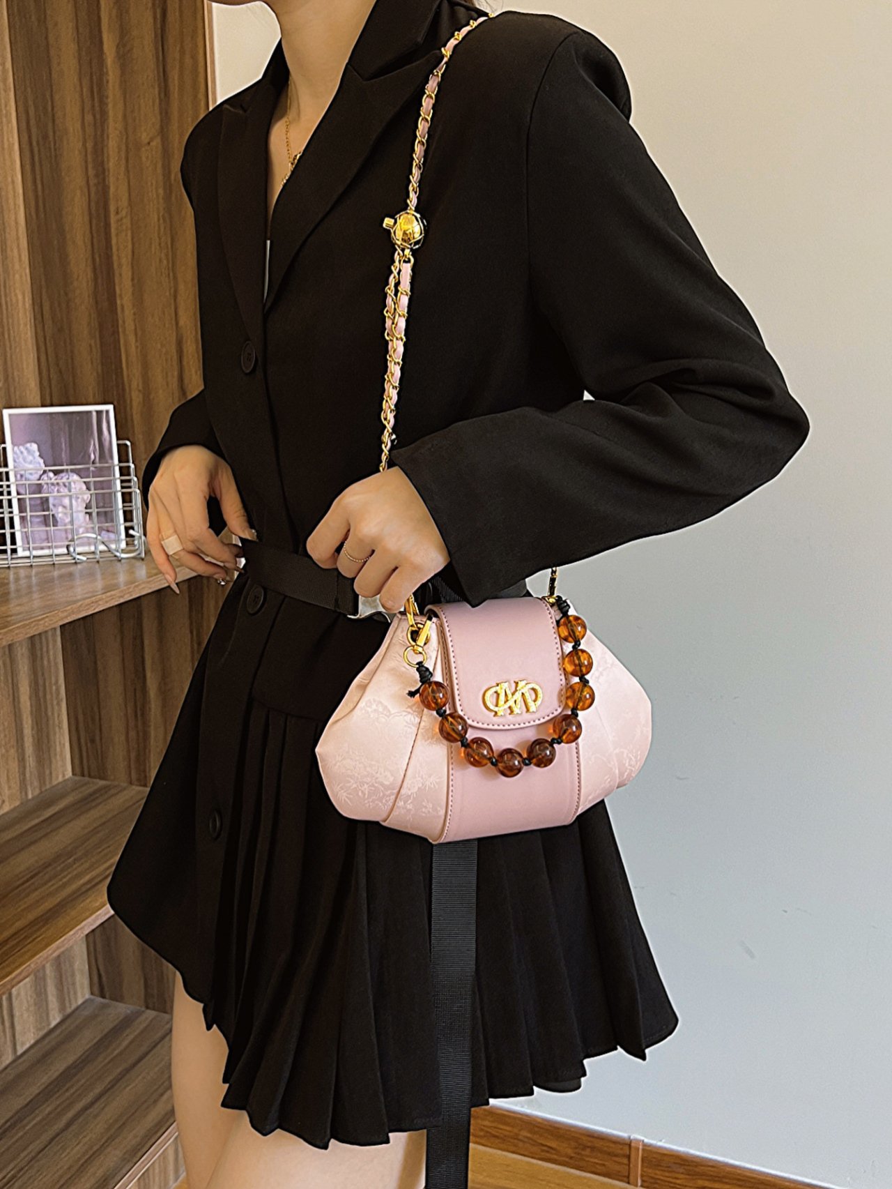 Pink Crossbody Bag with Beaded Handle