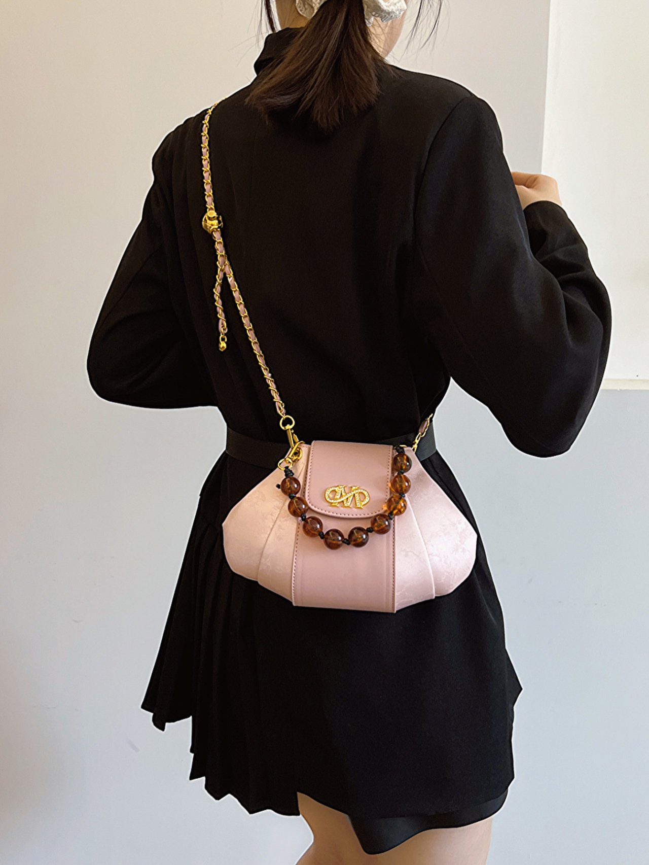 Pink Crossbody Bag with Beaded Handle