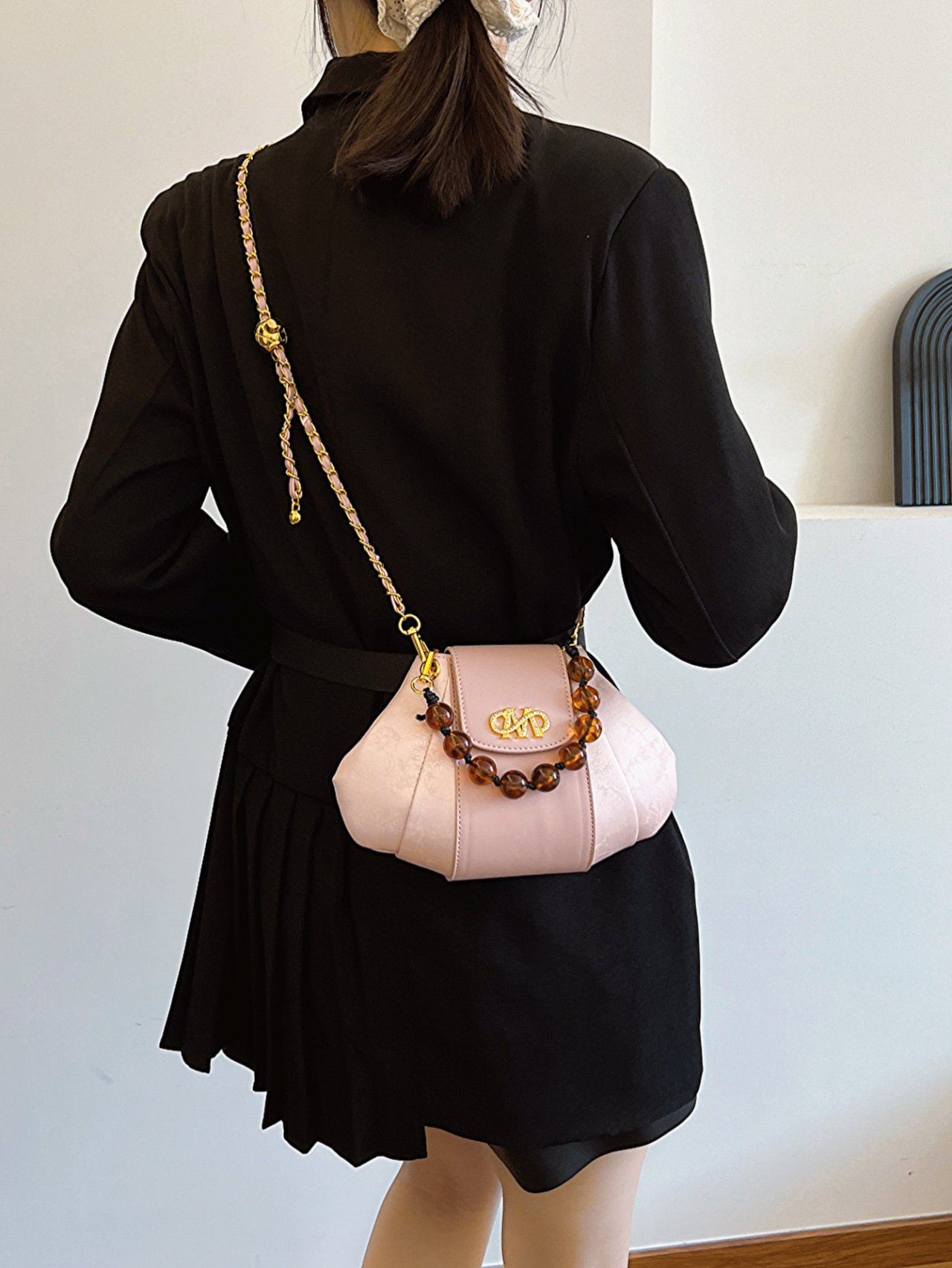Pink Crossbody Bag with Beaded Handle