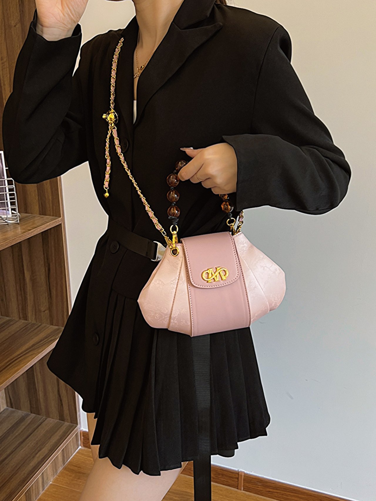 Pink Crossbody Bag with Beaded Handle