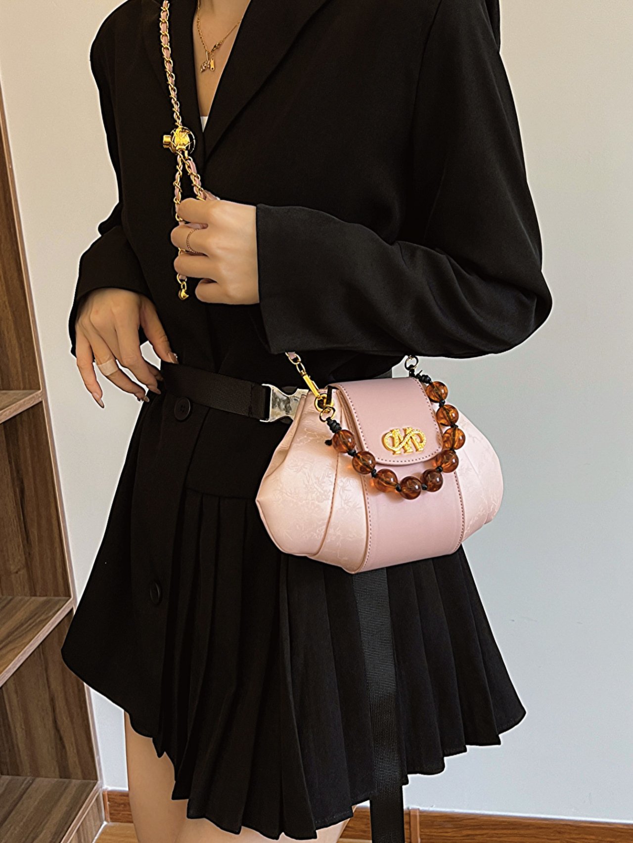 Pink Crossbody Bag with Beaded Handle
