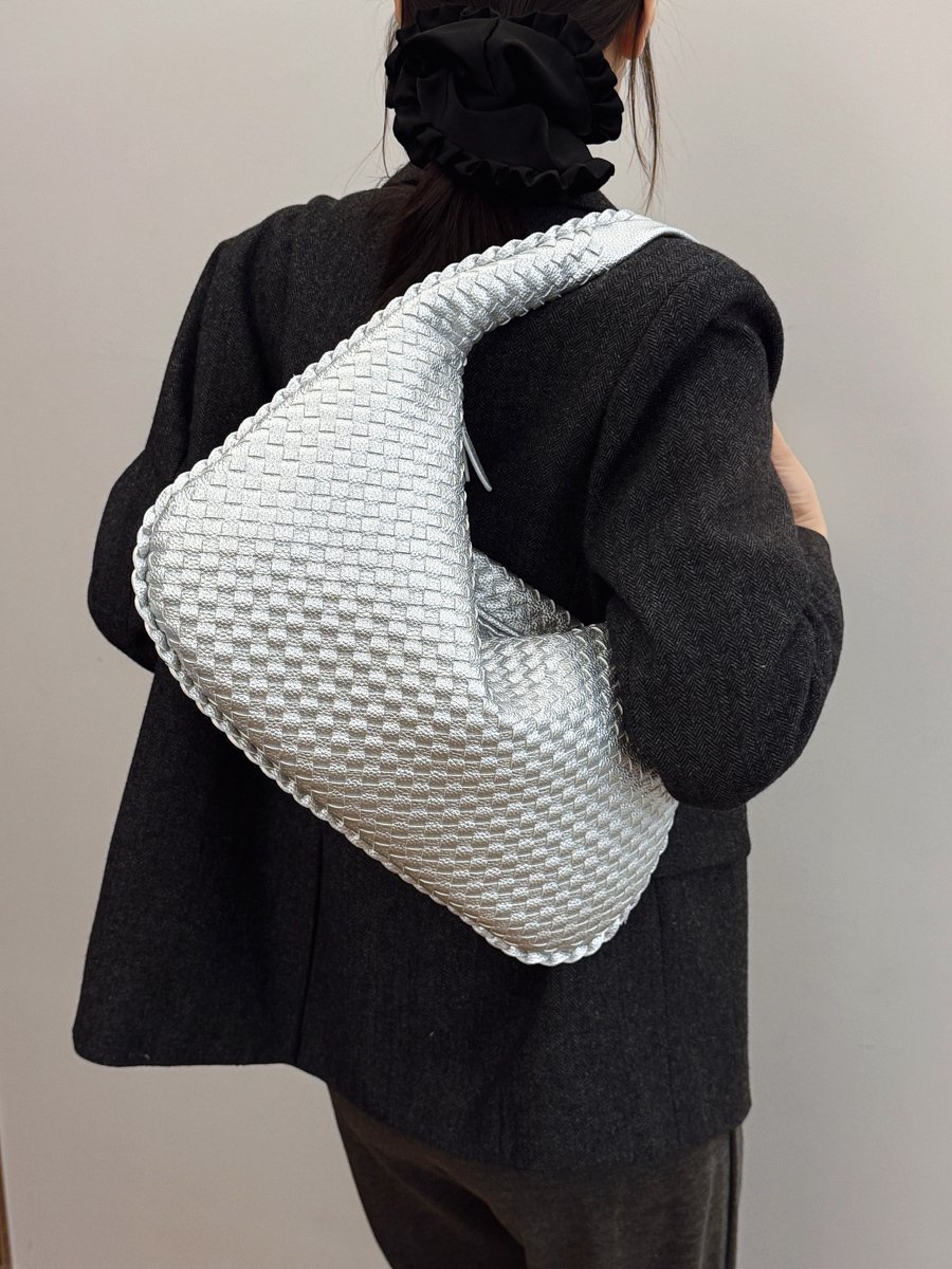 Silver Woven Crescent Shoulder Bag