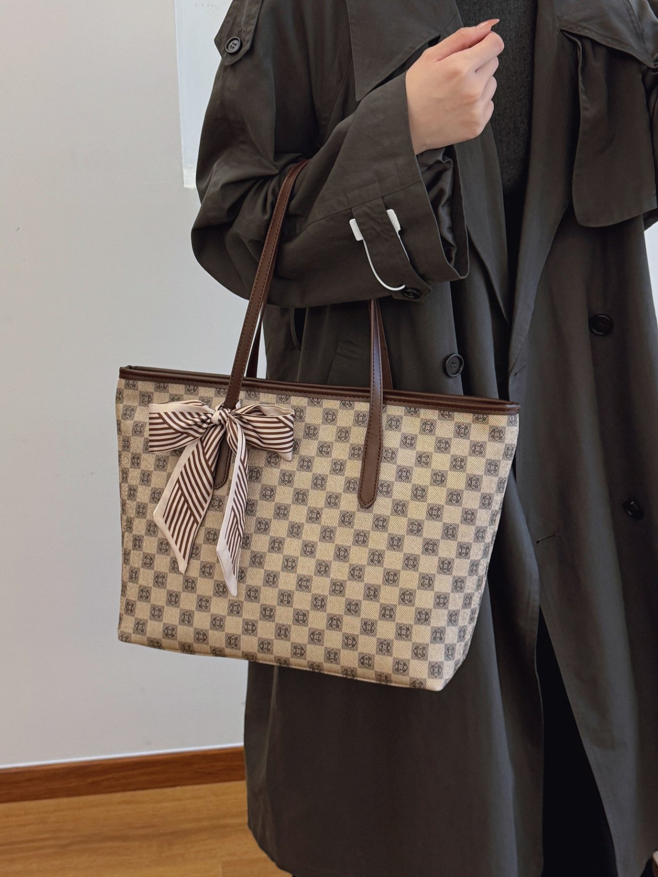 Khaki Monogram Shoulder Bag with Scarf Detail