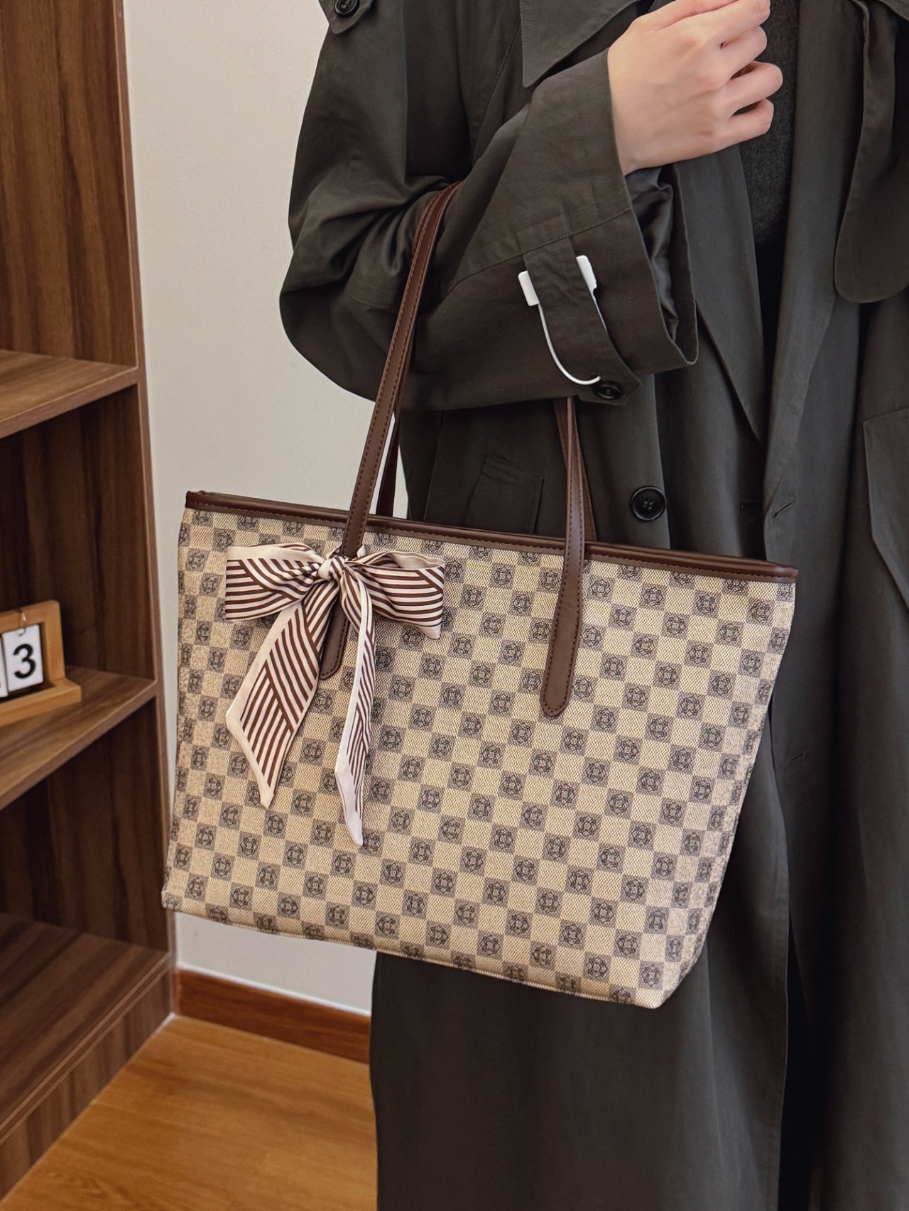 Khaki Monogram Shoulder Bag with Scarf Detail