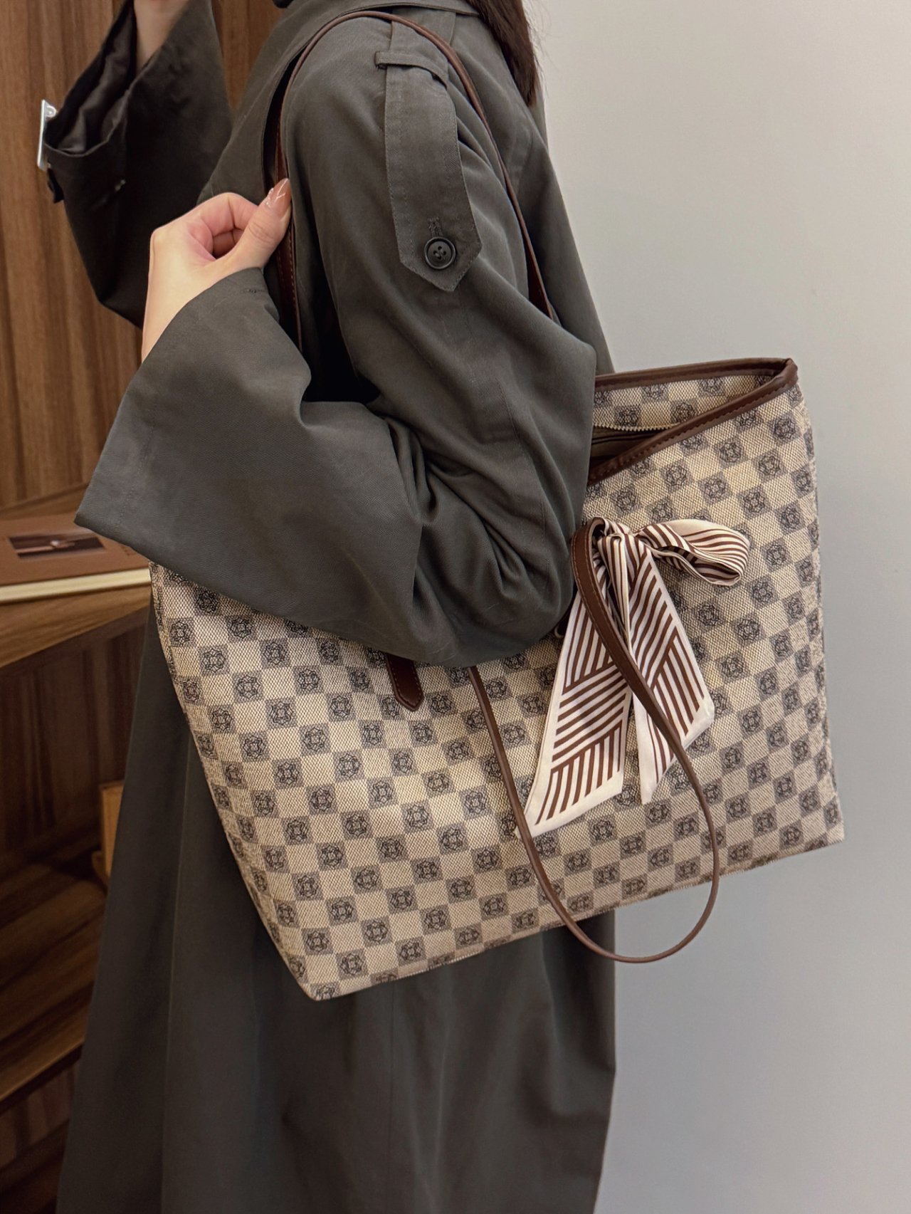 Khaki Monogram Shoulder Bag with Scarf Detail