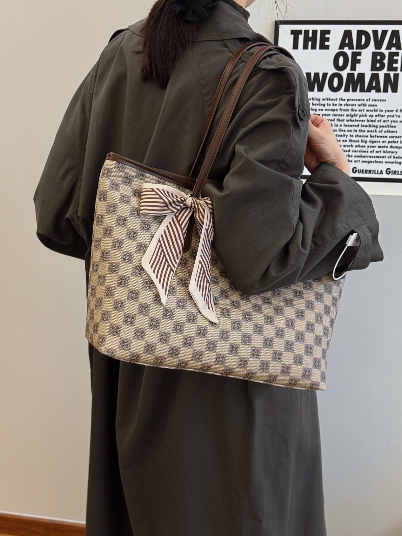 Khaki Monogram Shoulder Bag with Scarf Detail