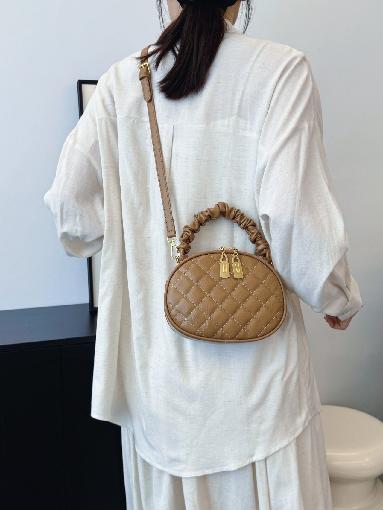 Khaki Quilted Mini Crossbody Bag with Scrunchie Handle