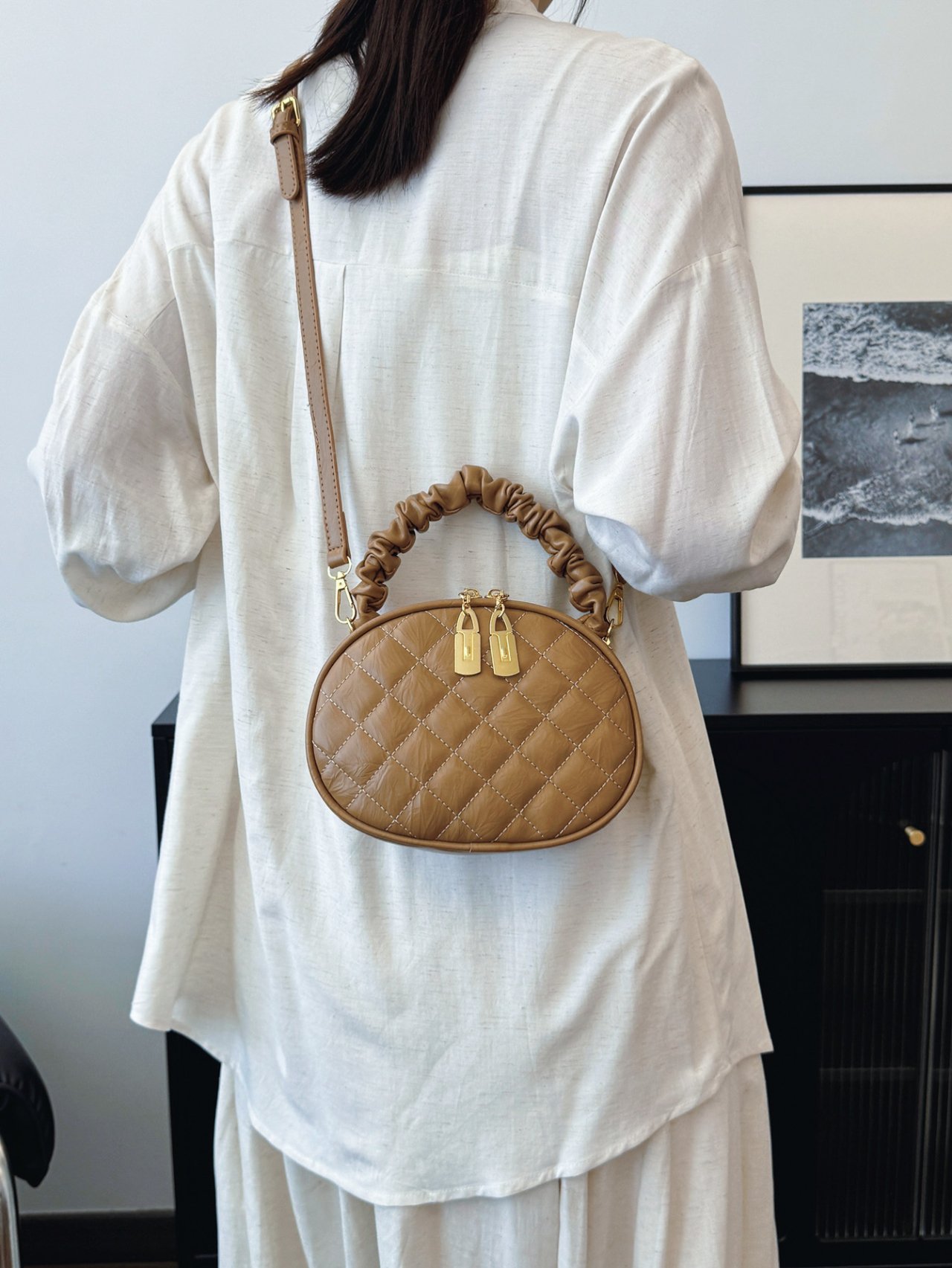 Khaki Quilted Mini Crossbody Bag with Scrunchie Handle