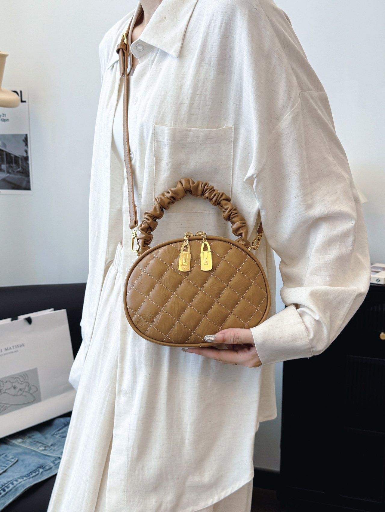 Khaki Quilted Mini Crossbody Bag with Scrunchie Handle