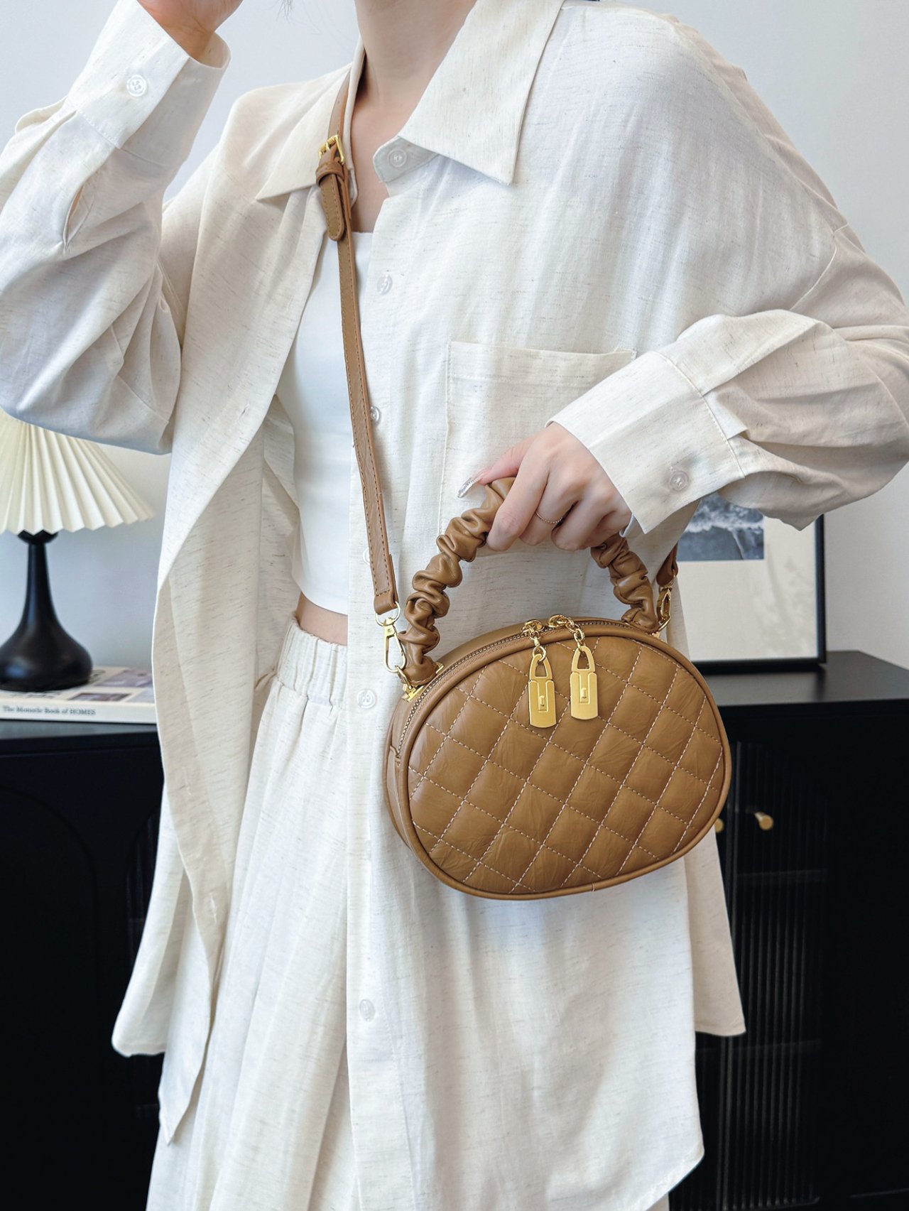 Khaki Quilted Mini Crossbody Bag with Scrunchie Handle