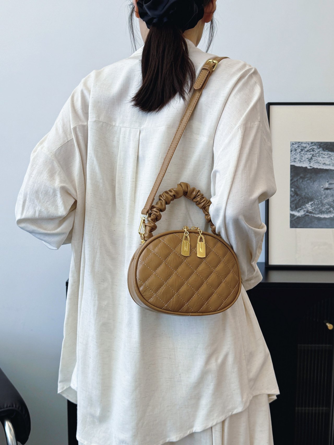 Khaki Quilted Mini Crossbody Bag with Scrunchie Handle