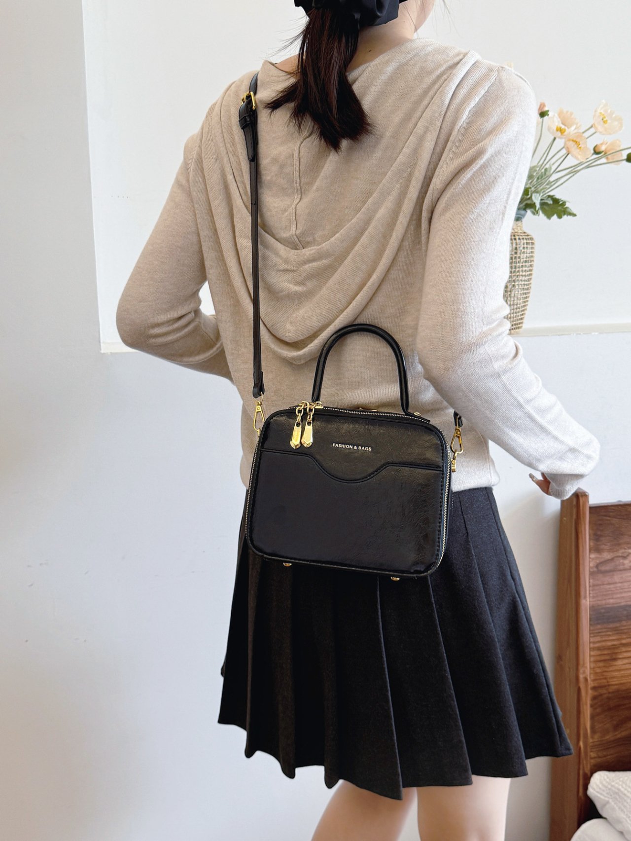 Black Crossbody Bag with Top Handle