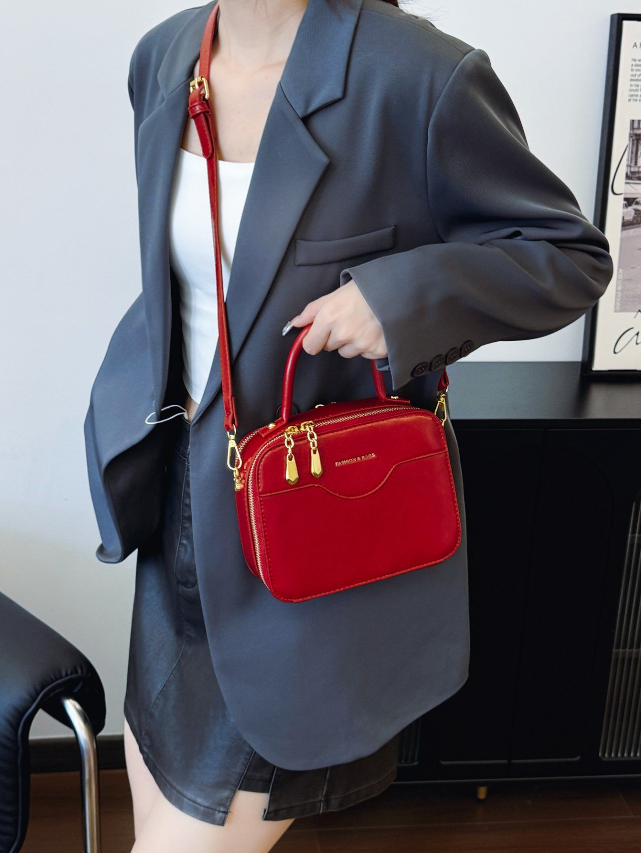 Red Plain Crossbody Bag 