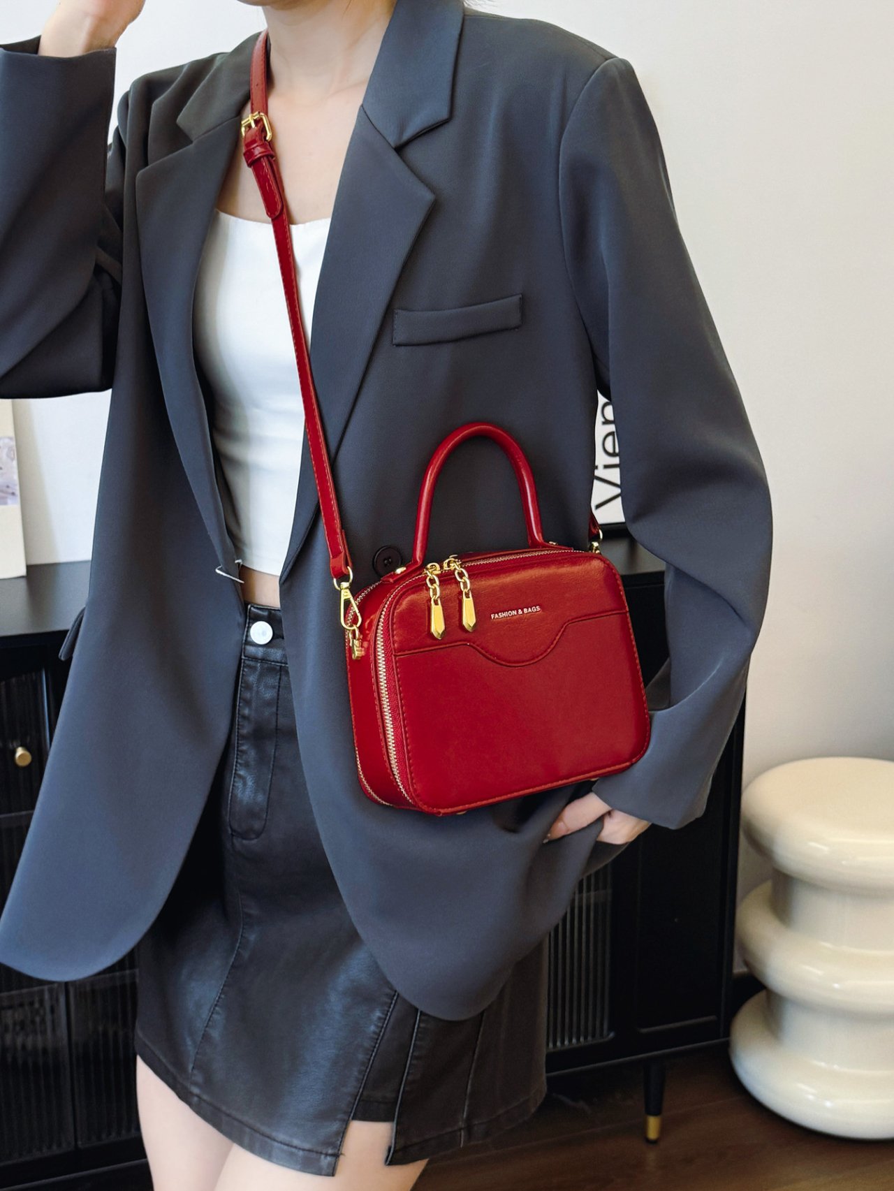 Red Plain Crossbody Bag 