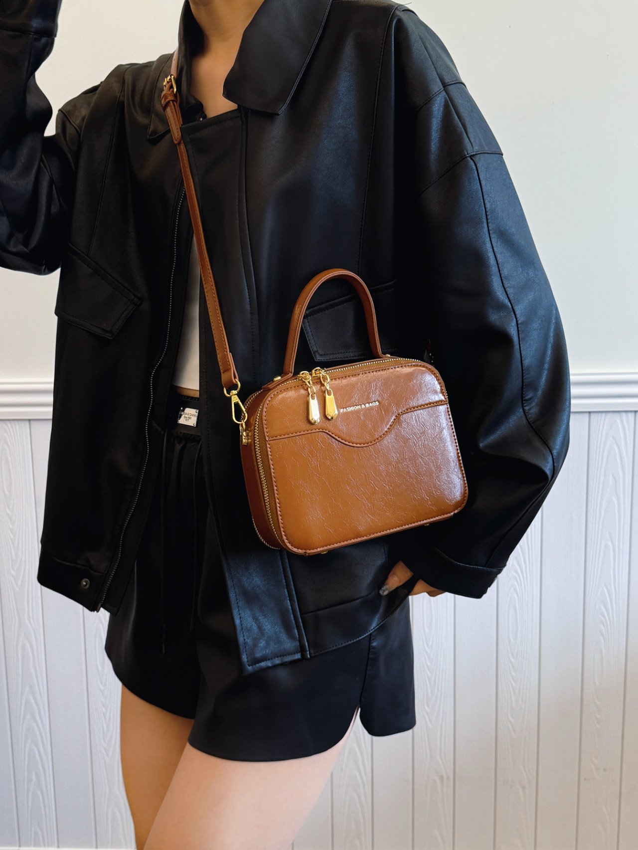 Brown Plain Crossbody Bag 