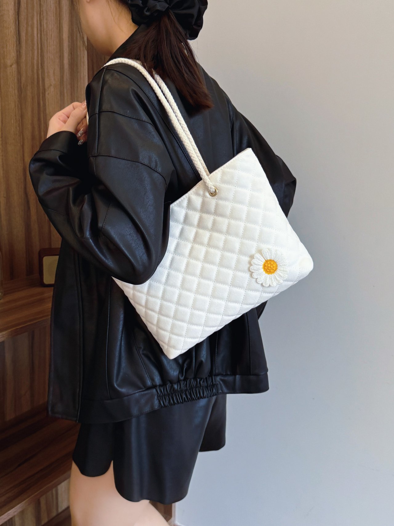 Off-White Quilted Shoulder Bag with Daisy Charm