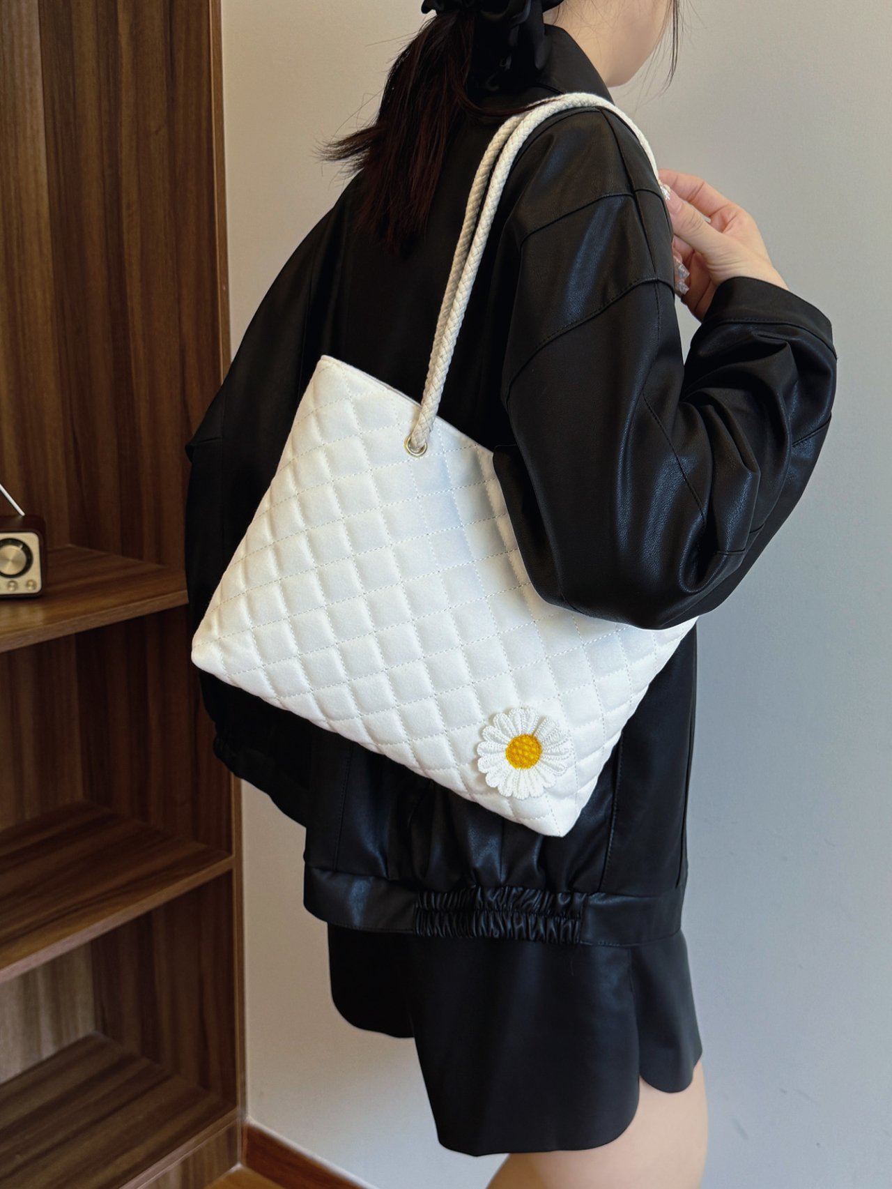 Off-White Quilted Shoulder Bag with Daisy Charm
