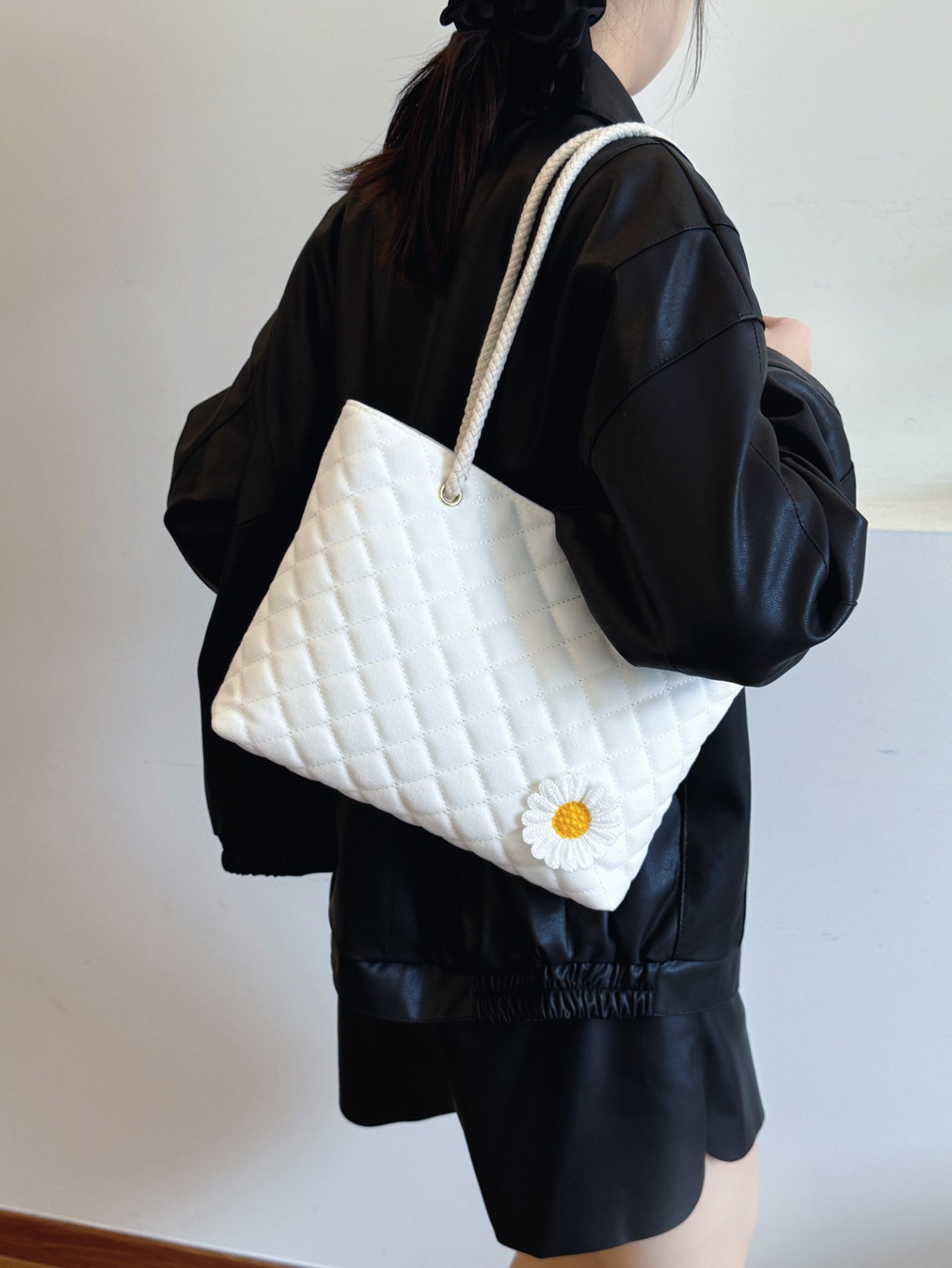 Off-White Quilted Shoulder Bag with Daisy Charm