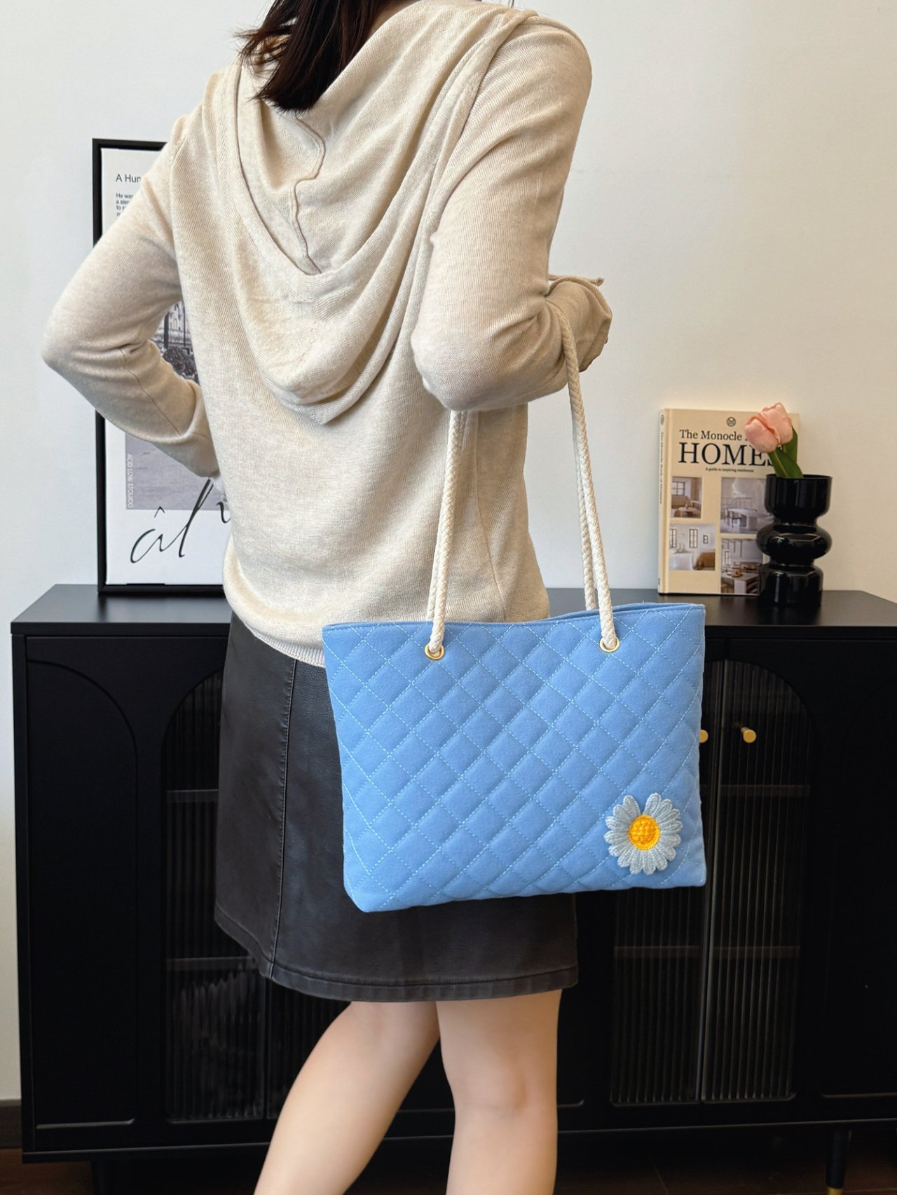 Blue Quilted Shoulder Bag with Daisy Accent