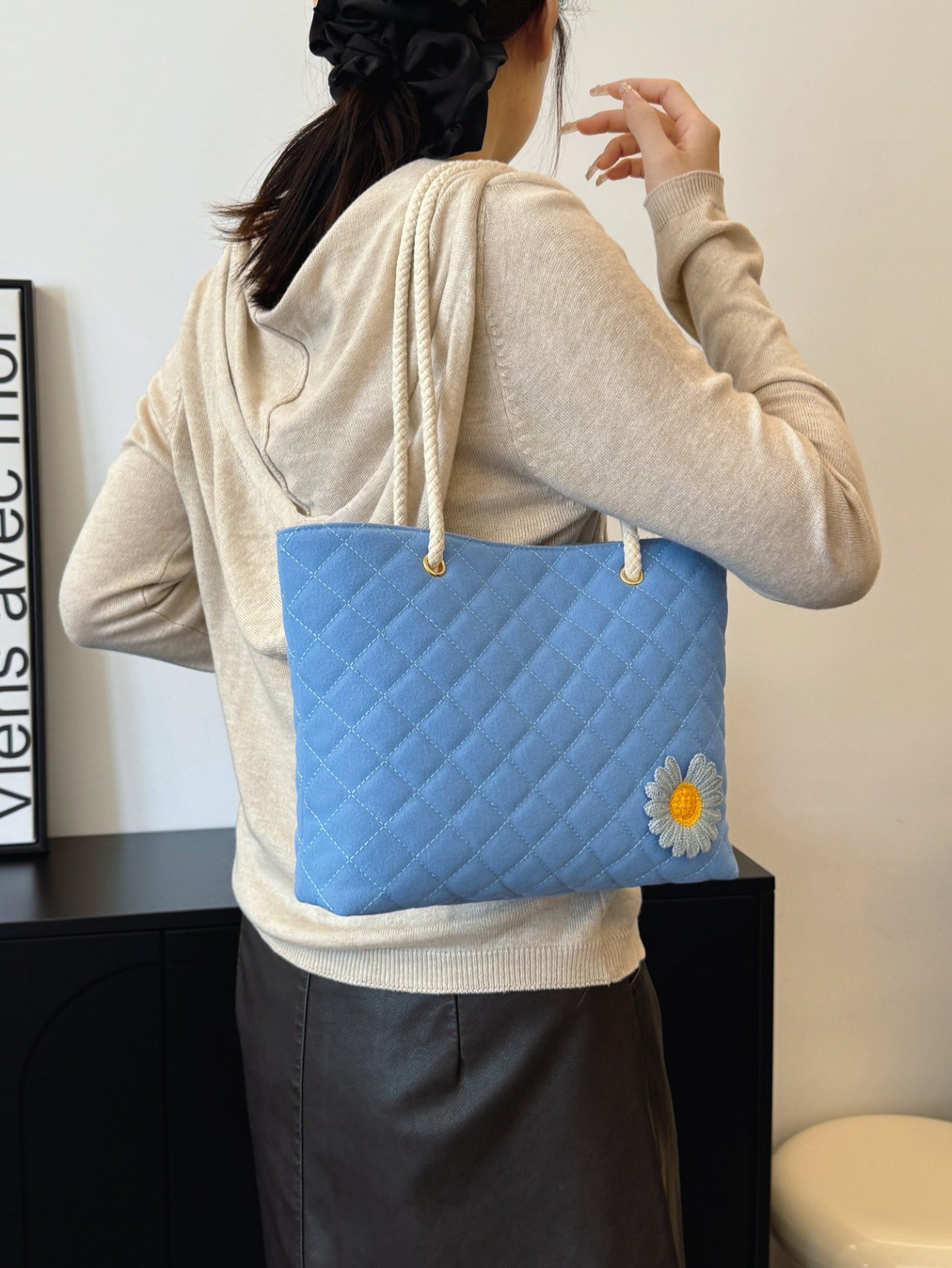 Blue Quilted Shoulder Bag with Daisy Accent