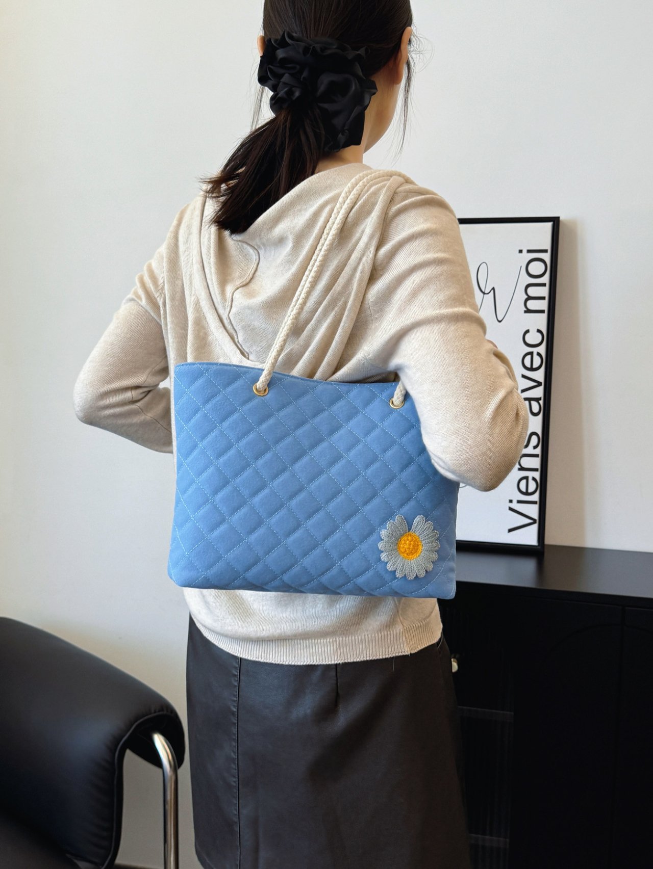 Blue Quilted Shoulder Bag with Daisy Accent
