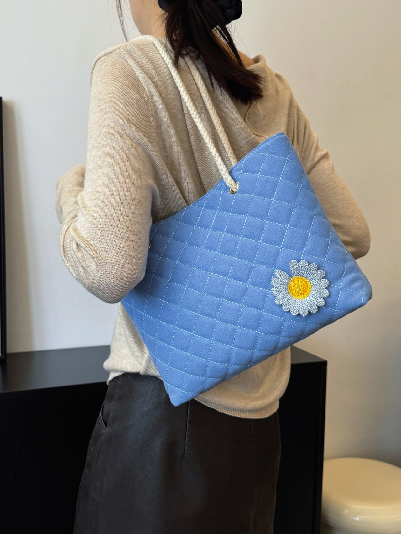Blue Quilted Shoulder Bag with Daisy Accent
