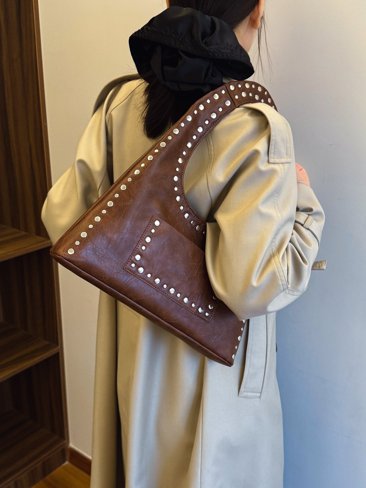 Brown Studded Shoulder Bag