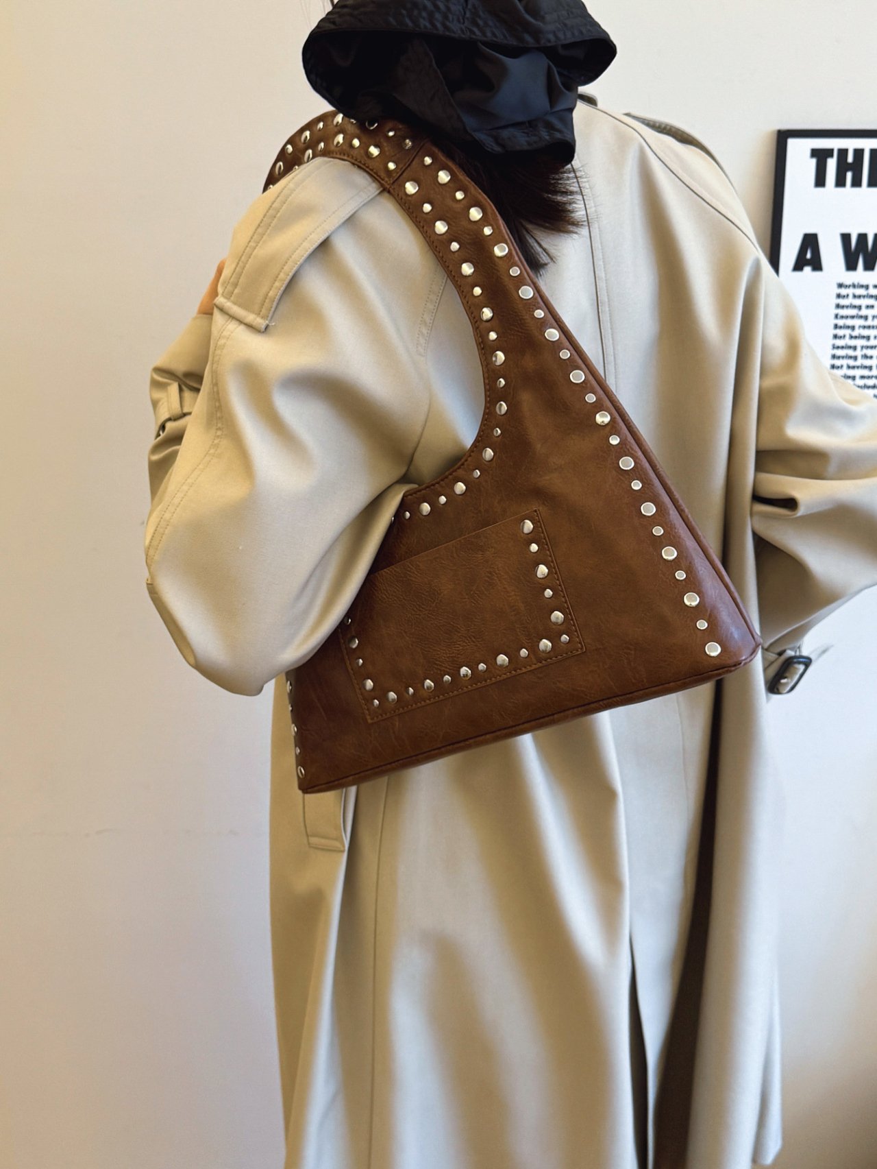 Brown Studded Shoulder Bag