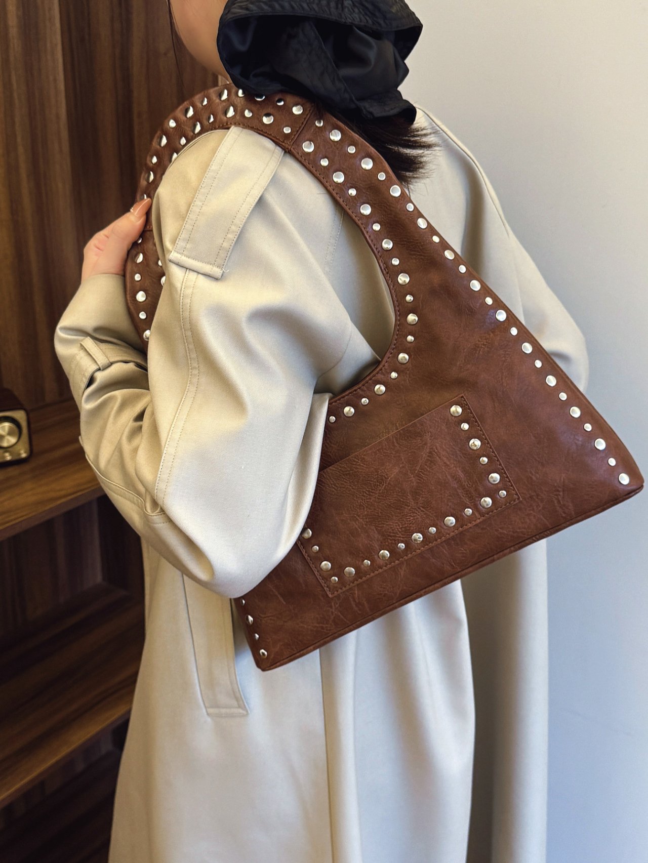 Brown Studded Shoulder Bag