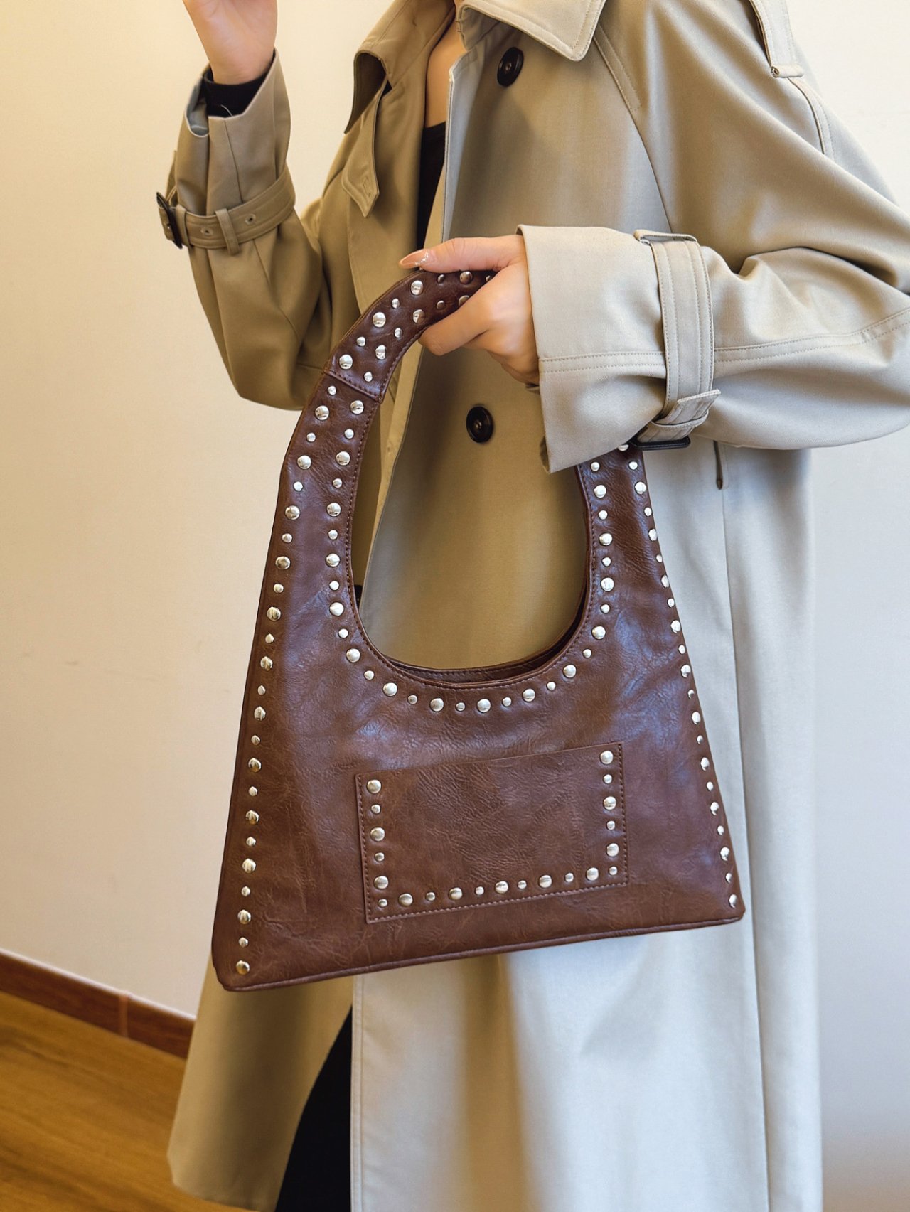 Brown Studded Shoulder Bag