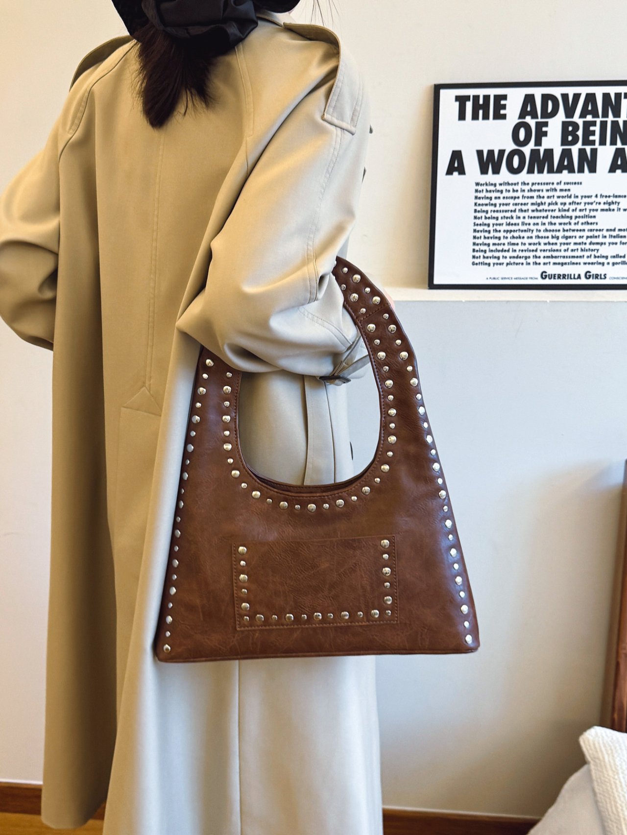 Brown Studded Shoulder Bag