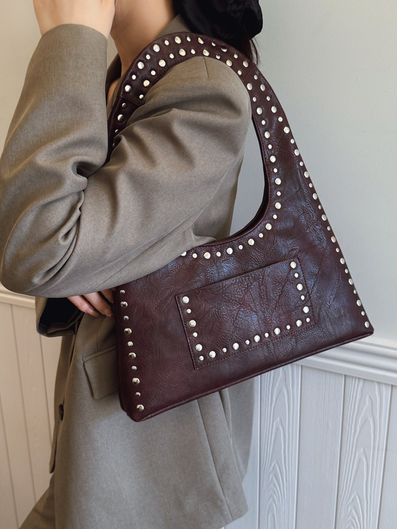 Coffee Brown Studded Shoulder Bag