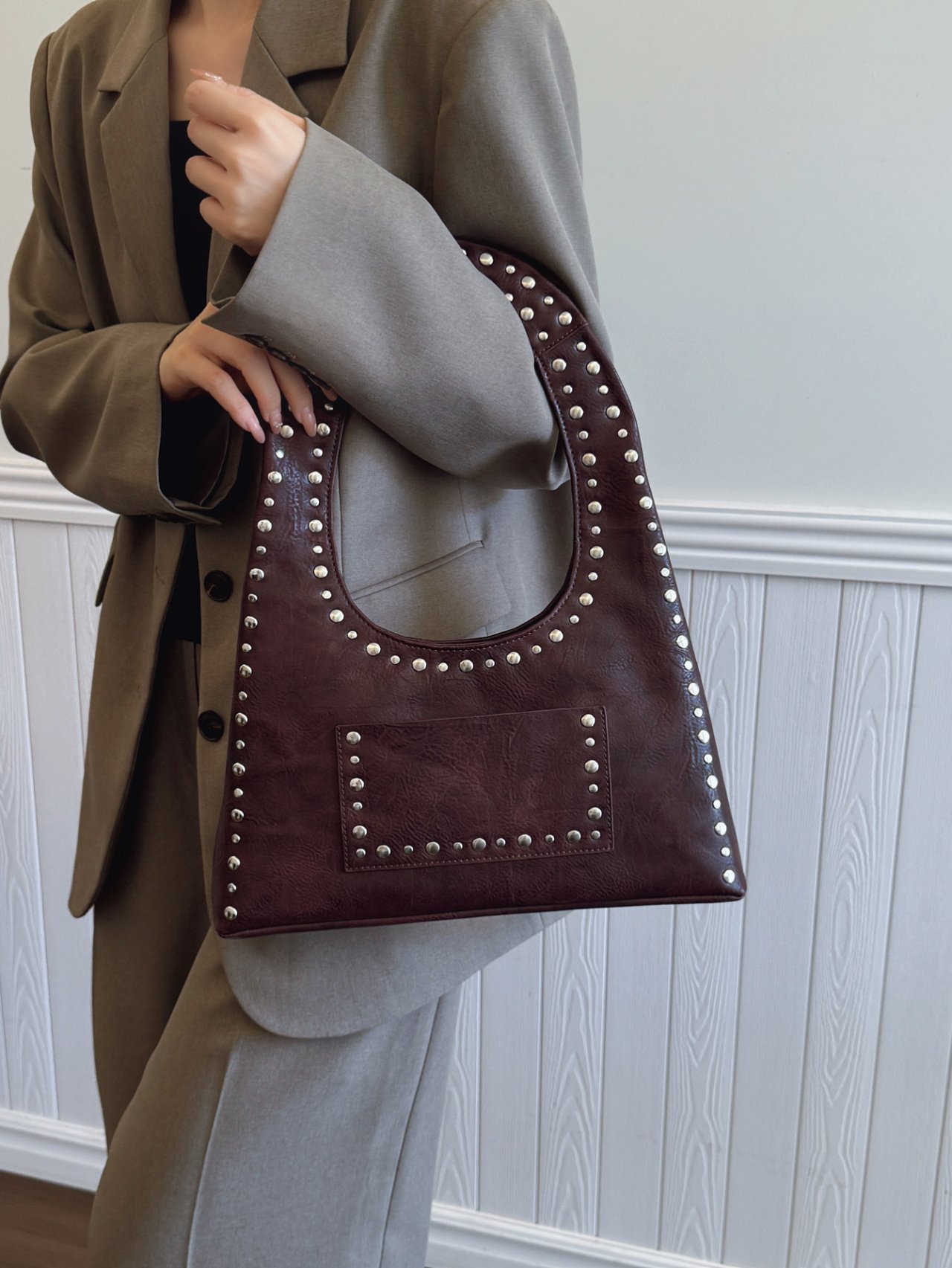 Coffee Brown Studded Shoulder Bag