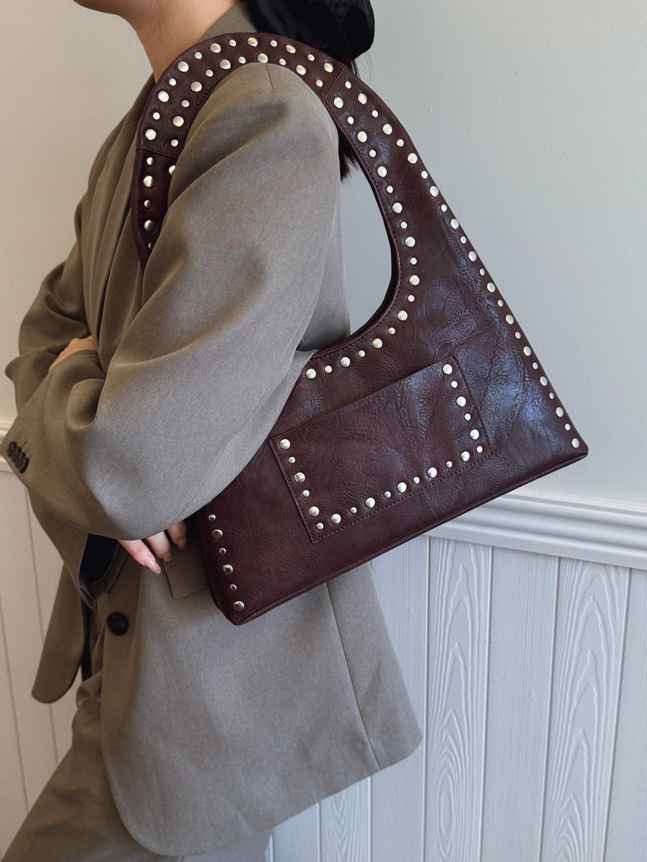 Coffee Brown Studded Shoulder Bag