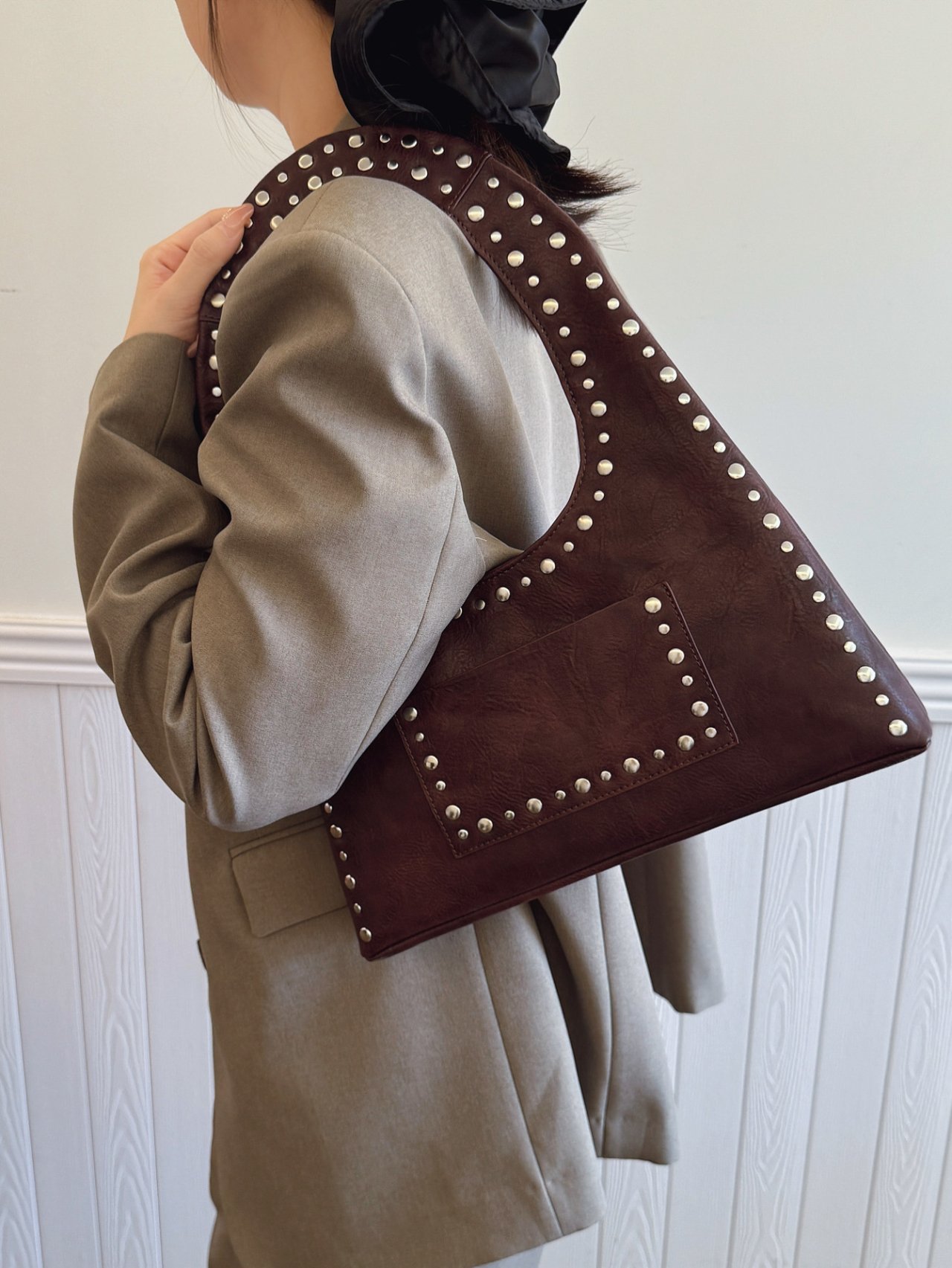 Coffee Brown Studded Shoulder Bag