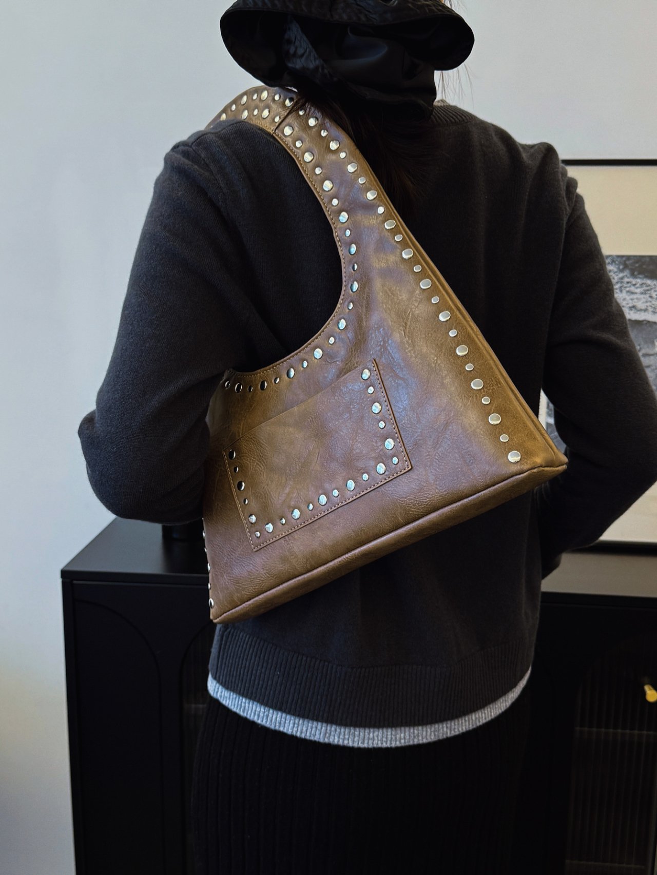 Khaki Studded Shoulder Bag