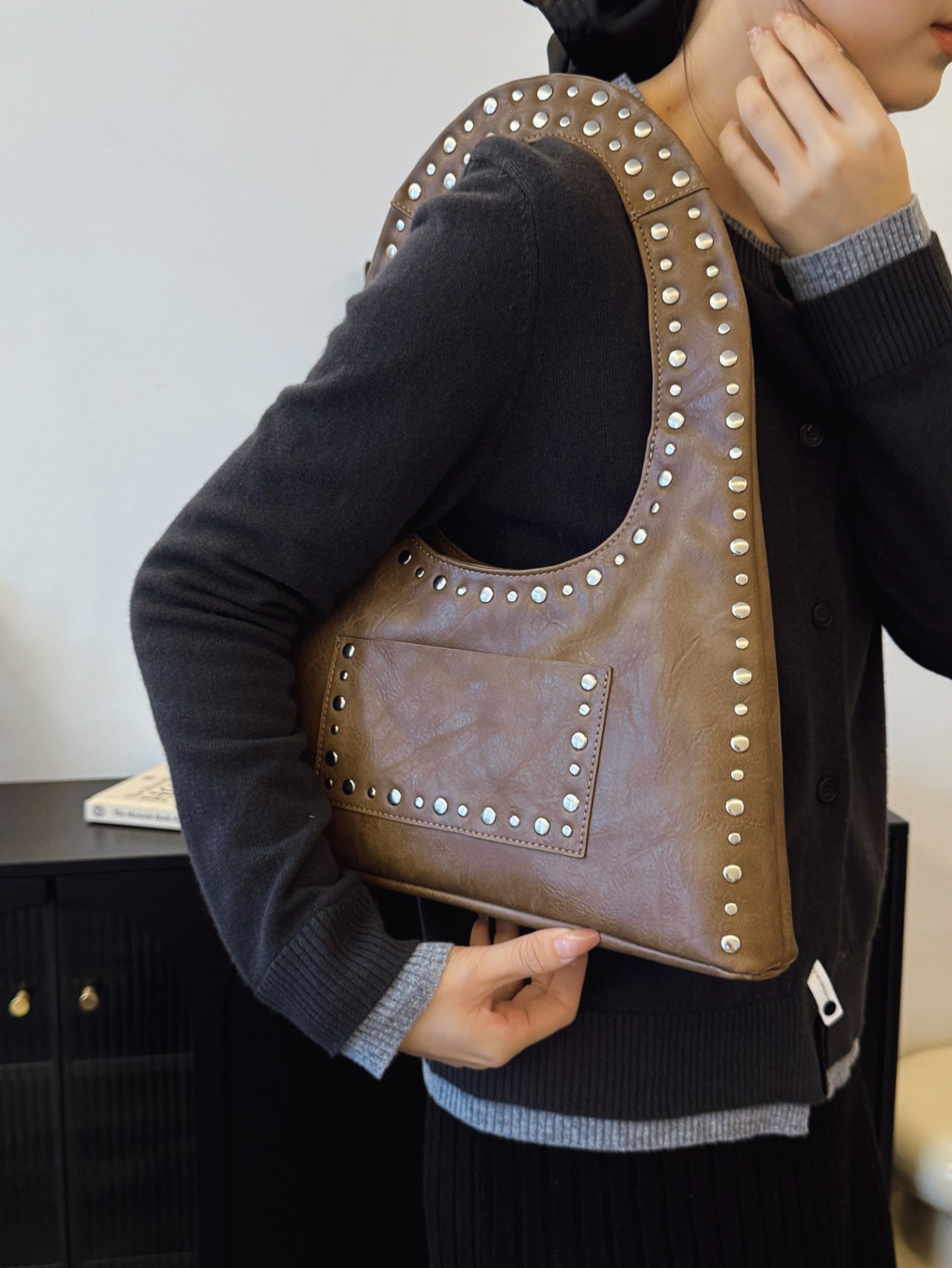 Khaki Studded Shoulder Bag