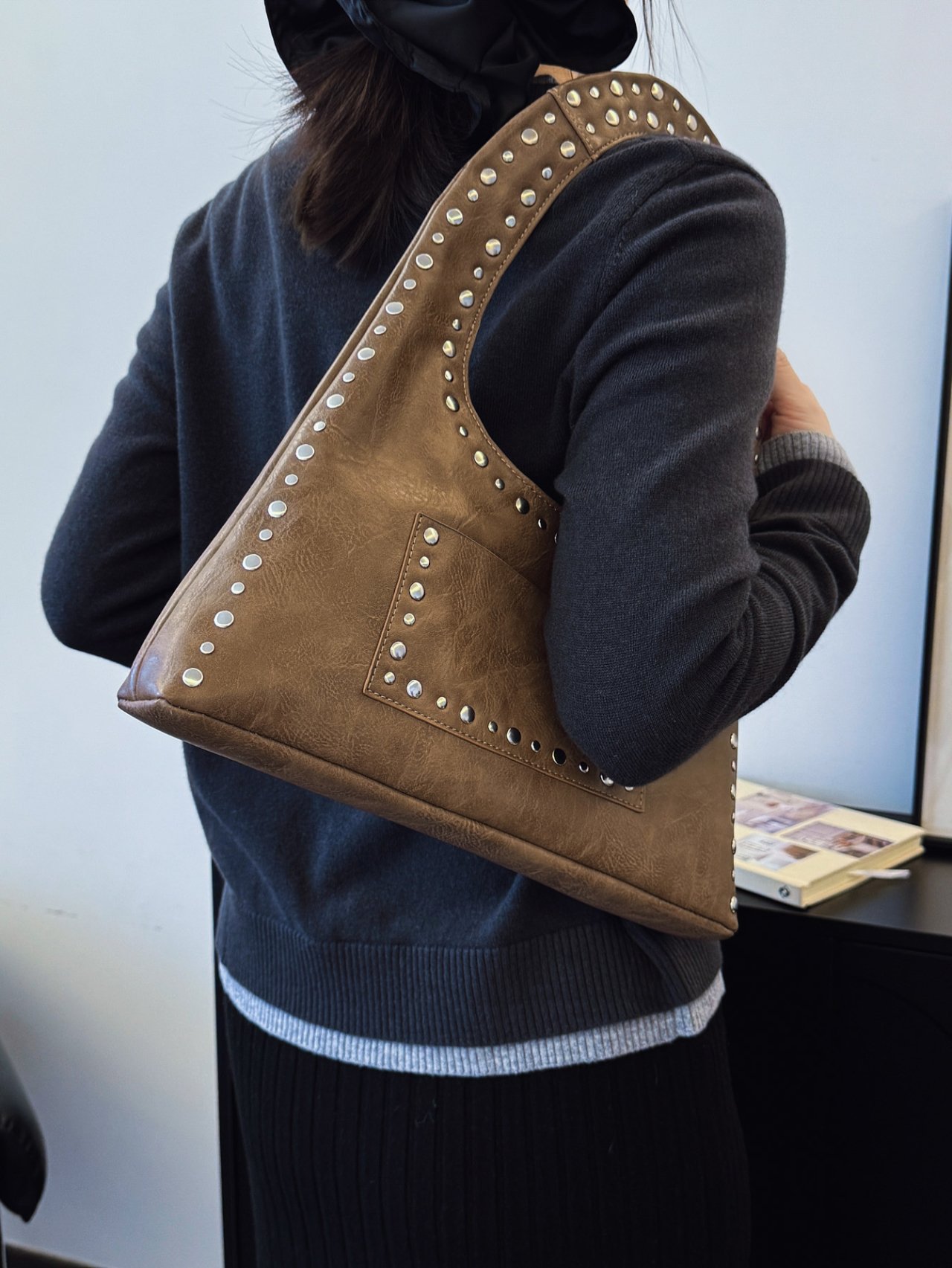 Khaki Studded Shoulder Bag