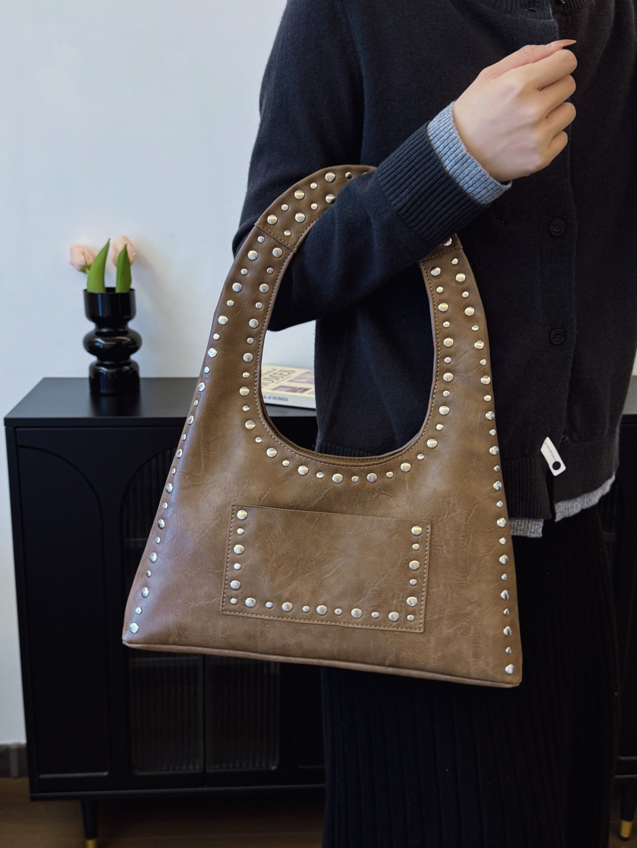 Khaki Studded Shoulder Bag