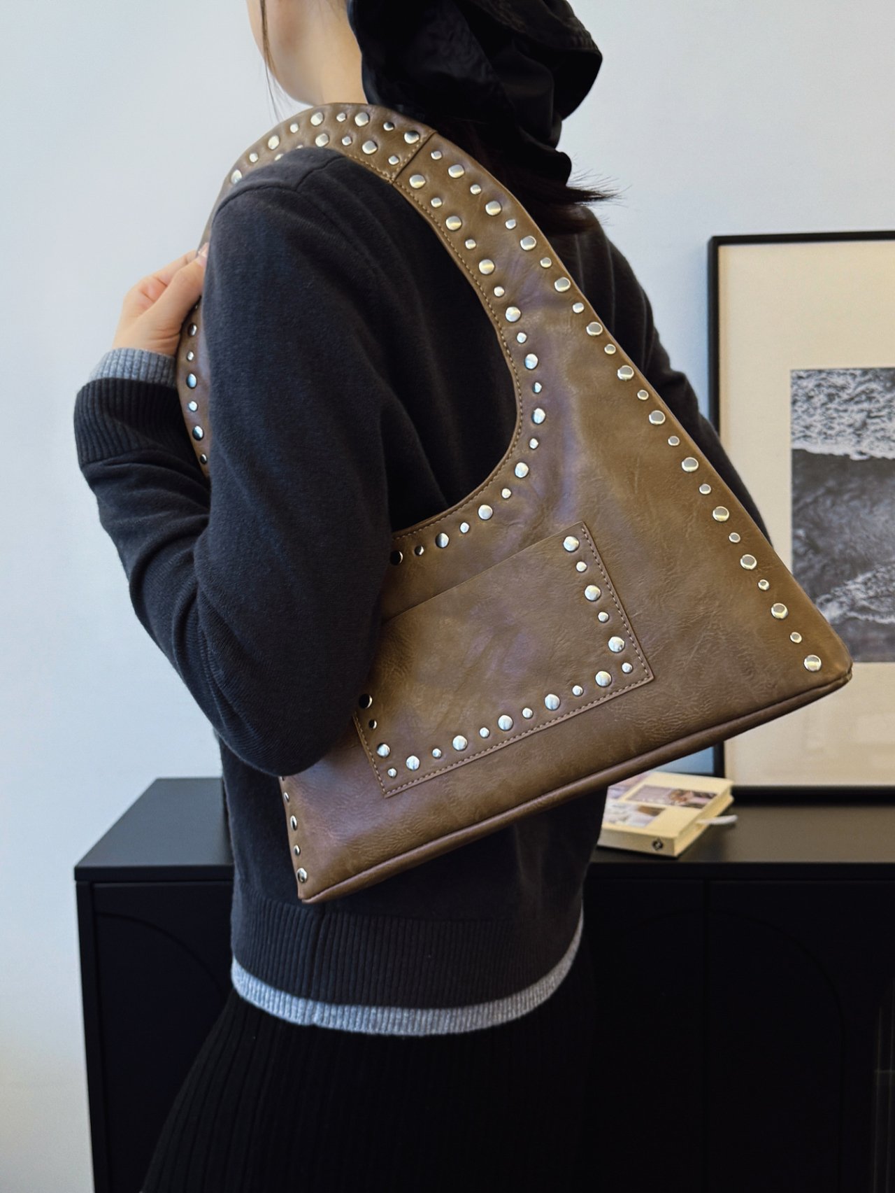 Khaki Studded Shoulder Bag