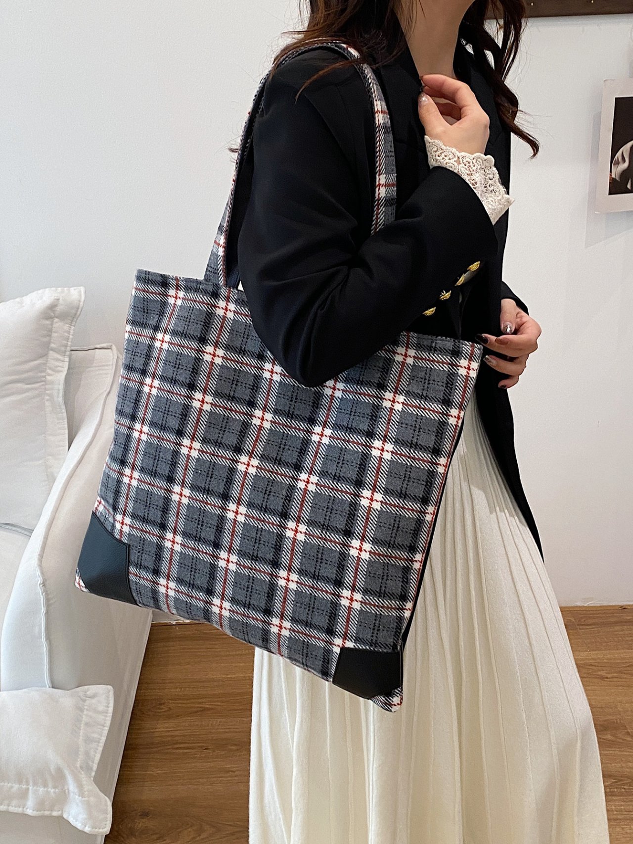 Grey Plaid Shoulder Bag