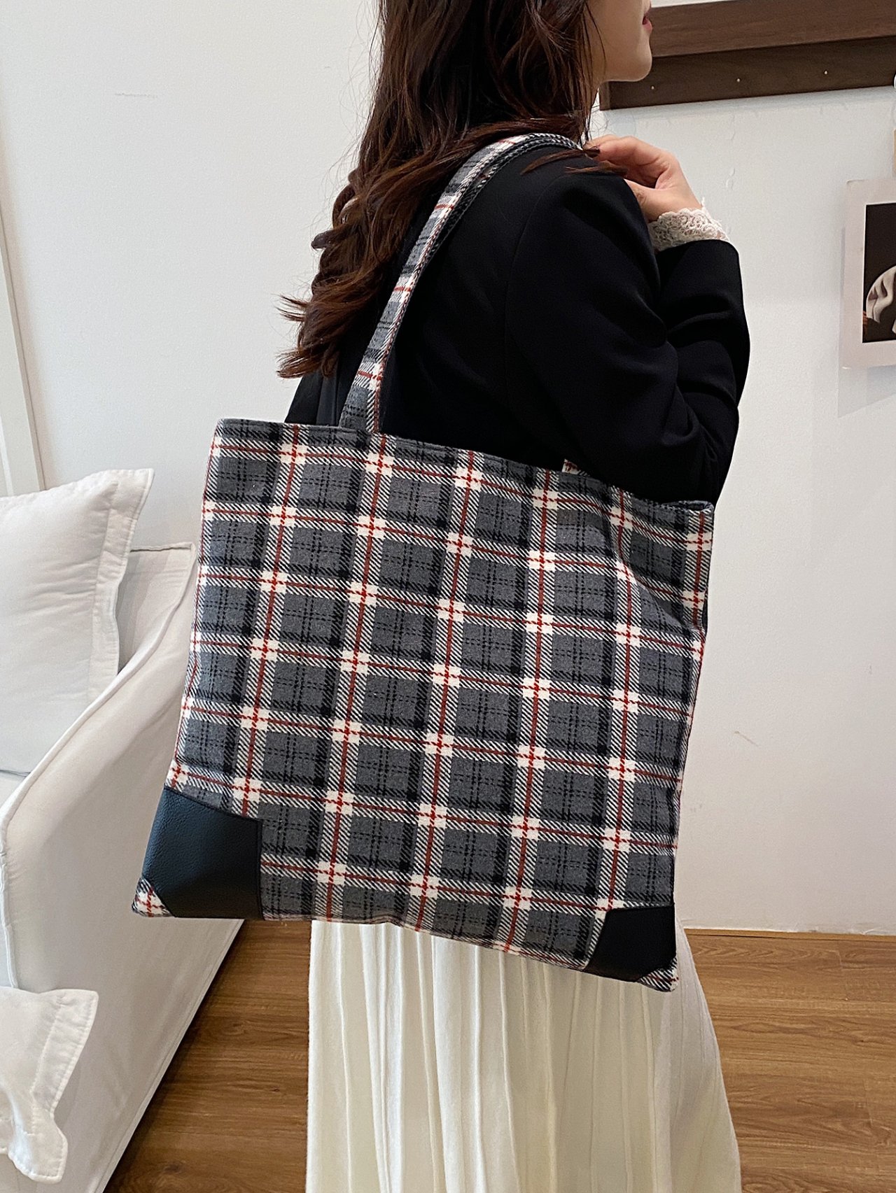 Grey Plaid Shoulder Bag