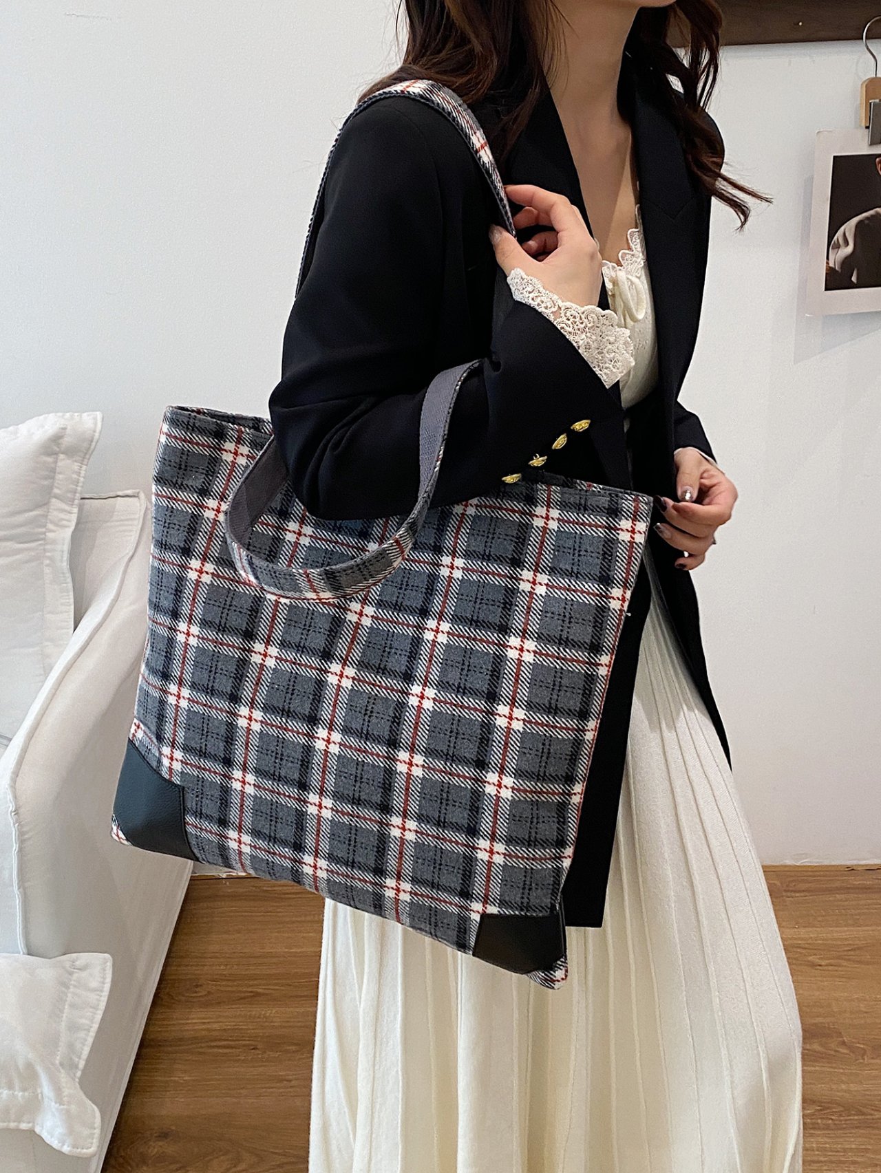 Grey Plaid Shoulder Bag