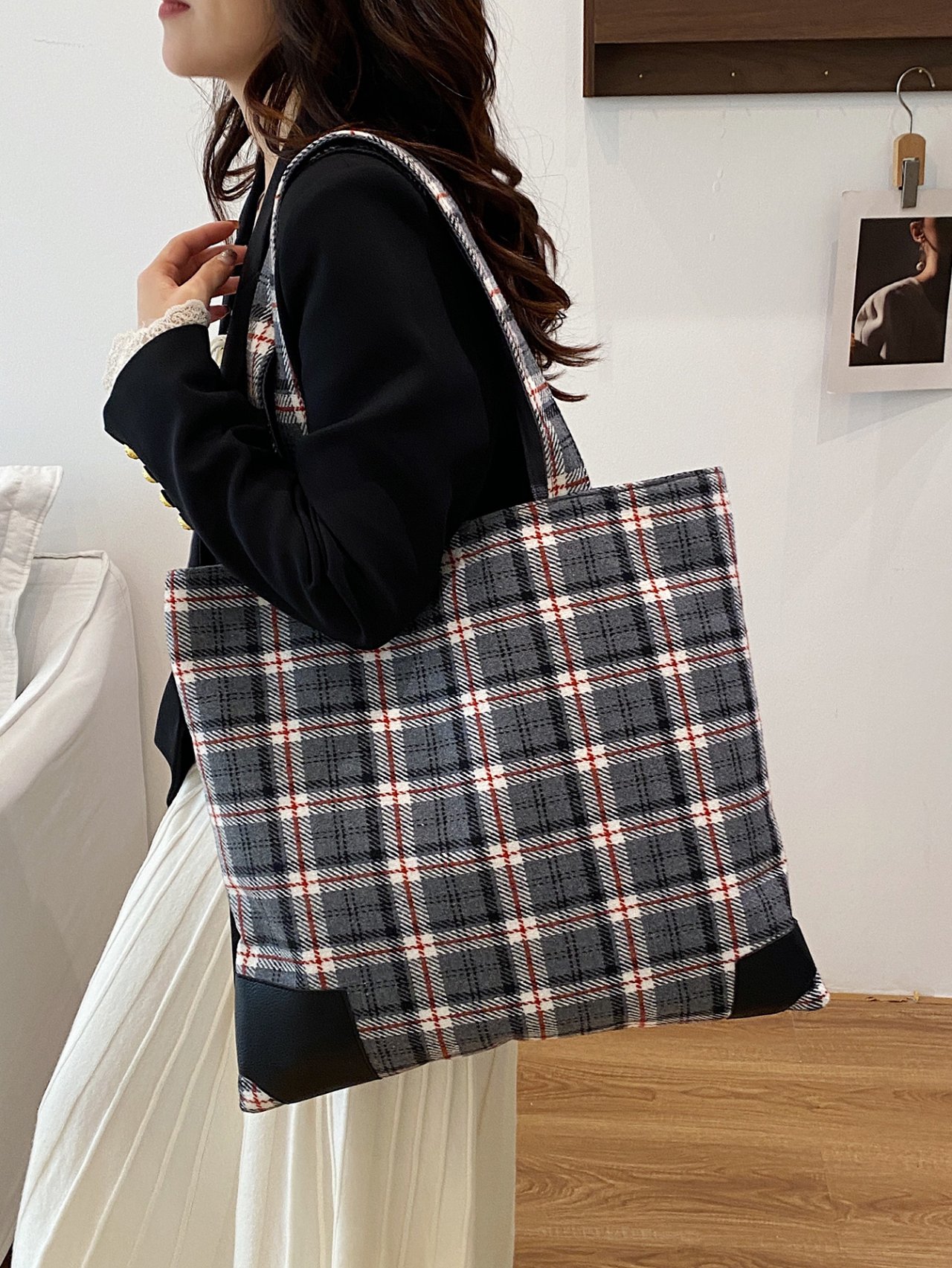 Grey Plaid Shoulder Bag