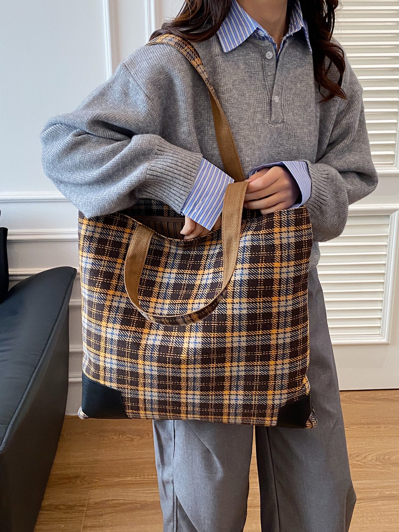 Brown Plaid Shoulder Bag