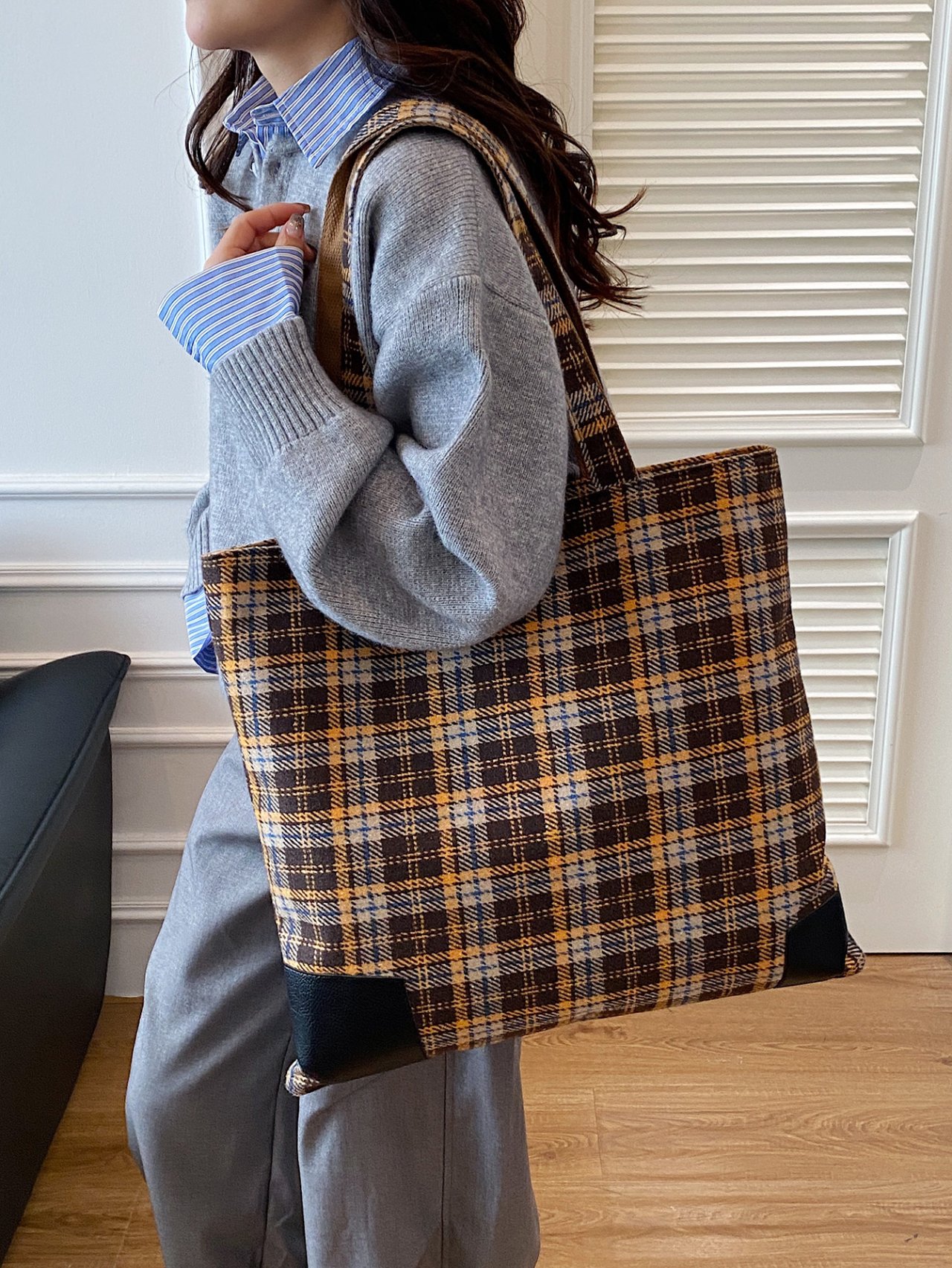 Brown Plaid Shoulder Bag