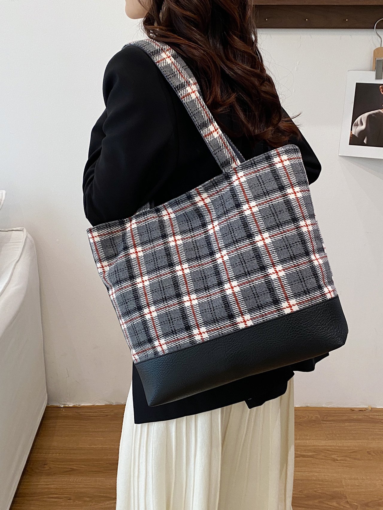 Grey Plaid Shoulder Bag with Faux Leather Base - and Versatile Tote