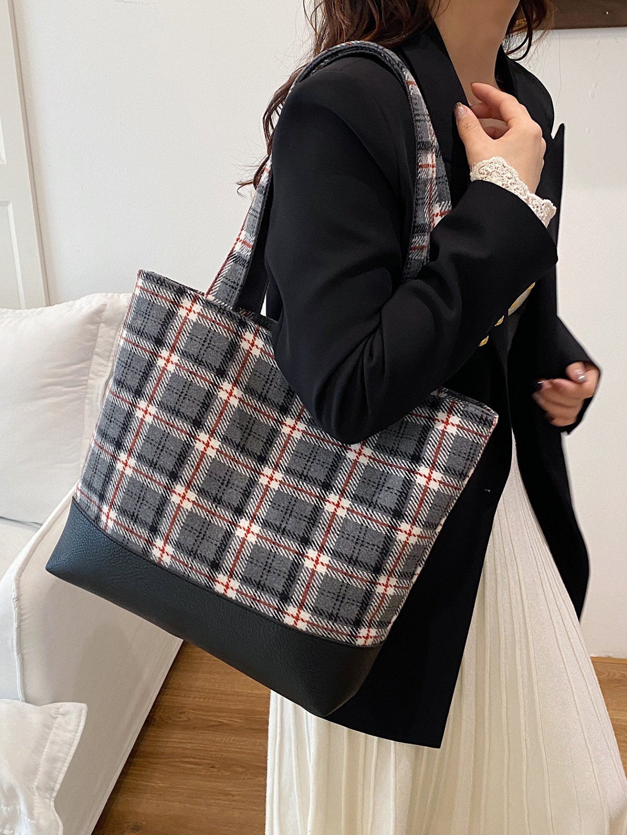 Grey Plaid Shoulder Bag with Faux Leather Base - and Versatile Tote