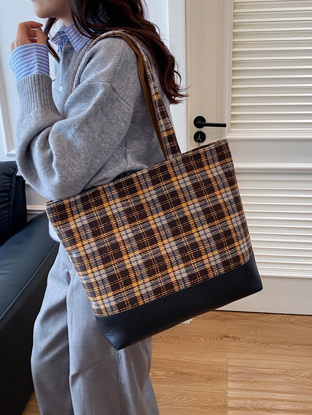 Plaid Shoulder Bag with Faux Leather Base