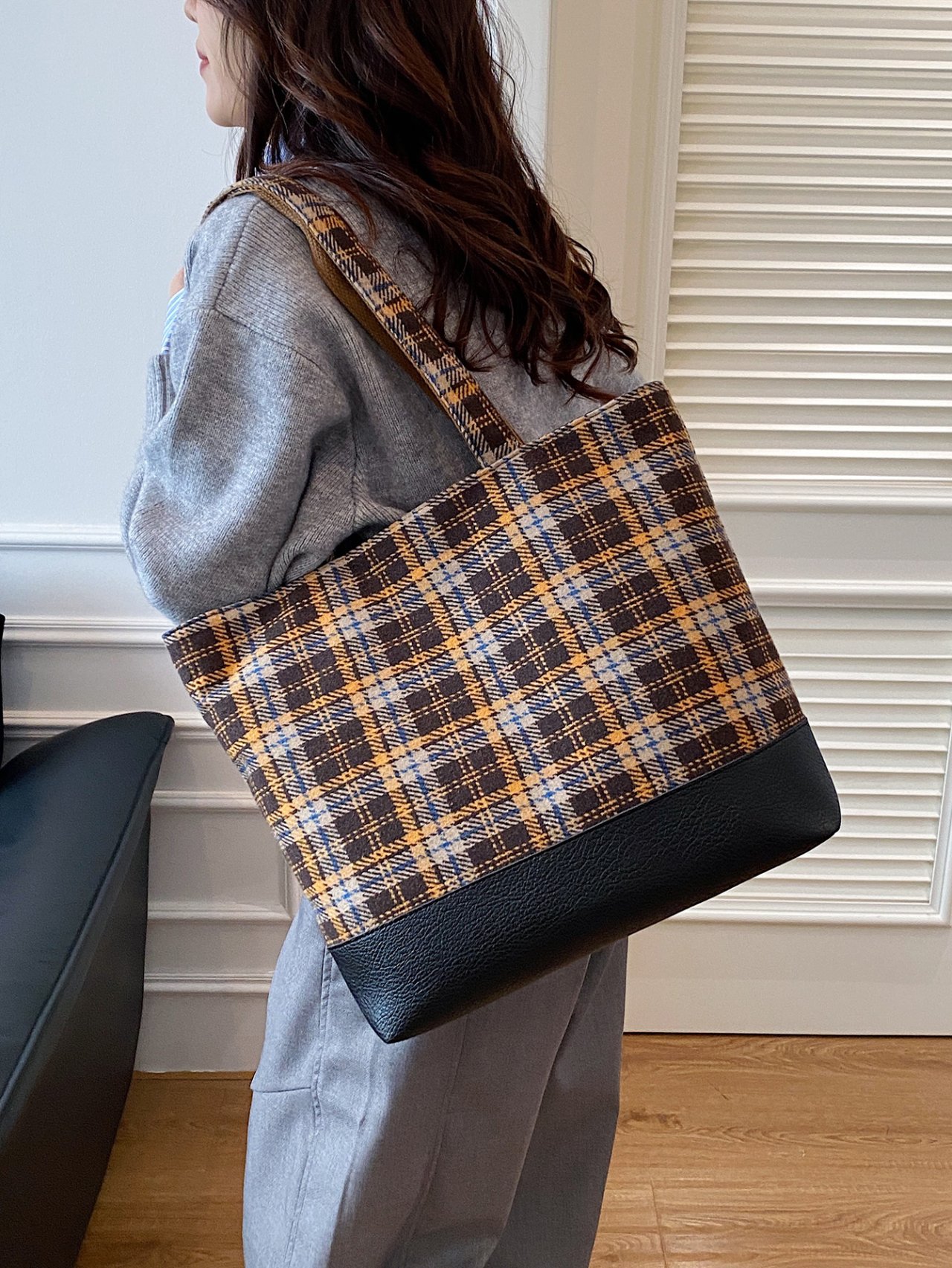 Plaid Shoulder Bag with Faux Leather Base